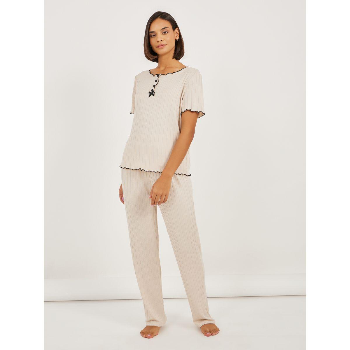 Styli Brushed Rib Contrast Edge Placket T-Shirt and Pyjama Set-women-clothing-nightwear-pyjamas-longsets-image-1