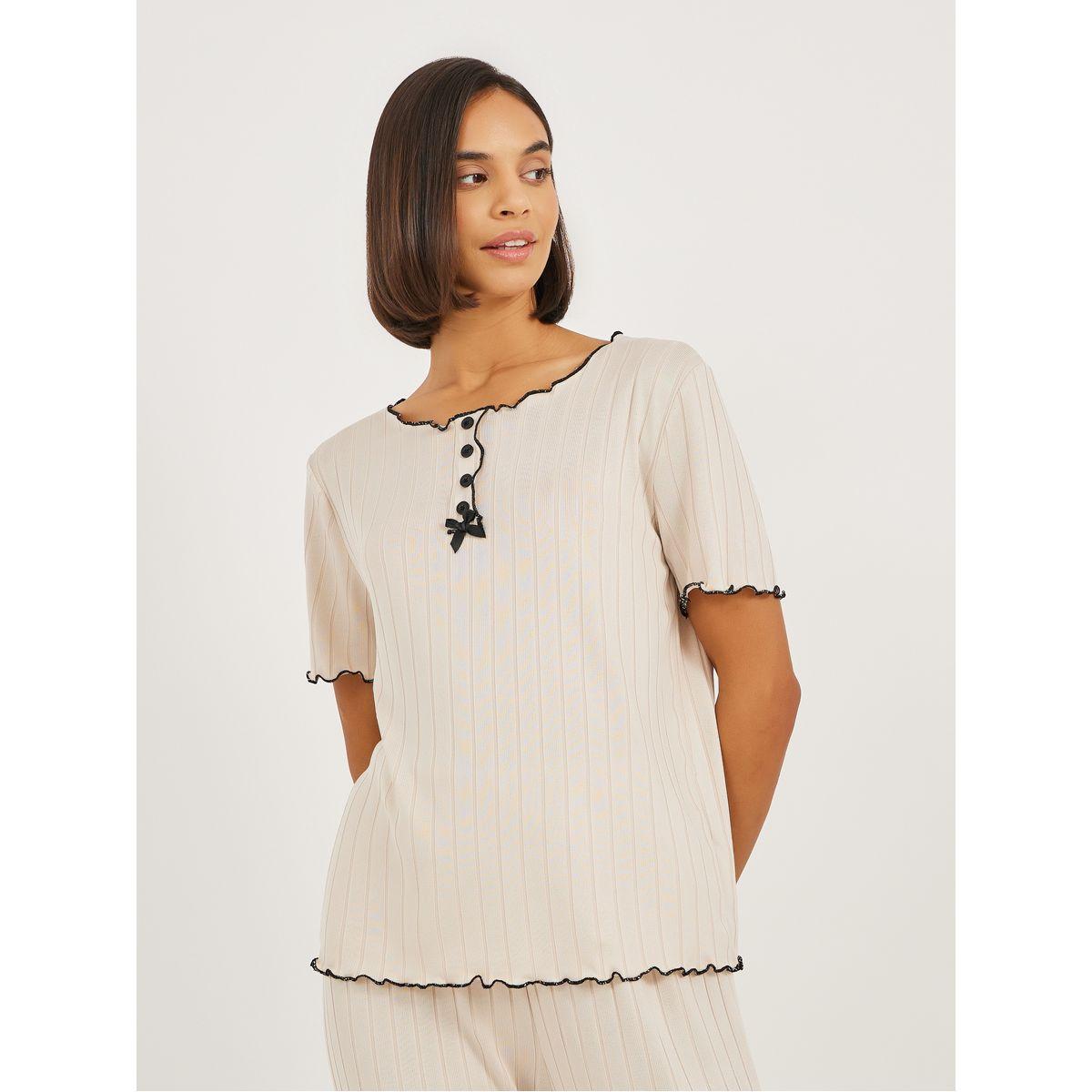 Styli Brushed Rib Contrast Edge Placket T-Shirt and Pyjama Set-women-clothing-nightwear-pyjamas-longsets-image-2