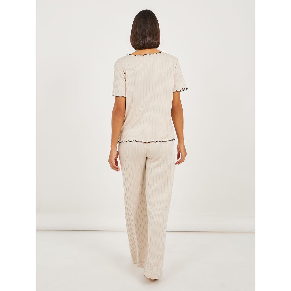 Styli Brushed Rib Contrast Edge Placket T-Shirt and Pyjama Set-women-clothing-nightwear-pyjamas-longsets-image-5