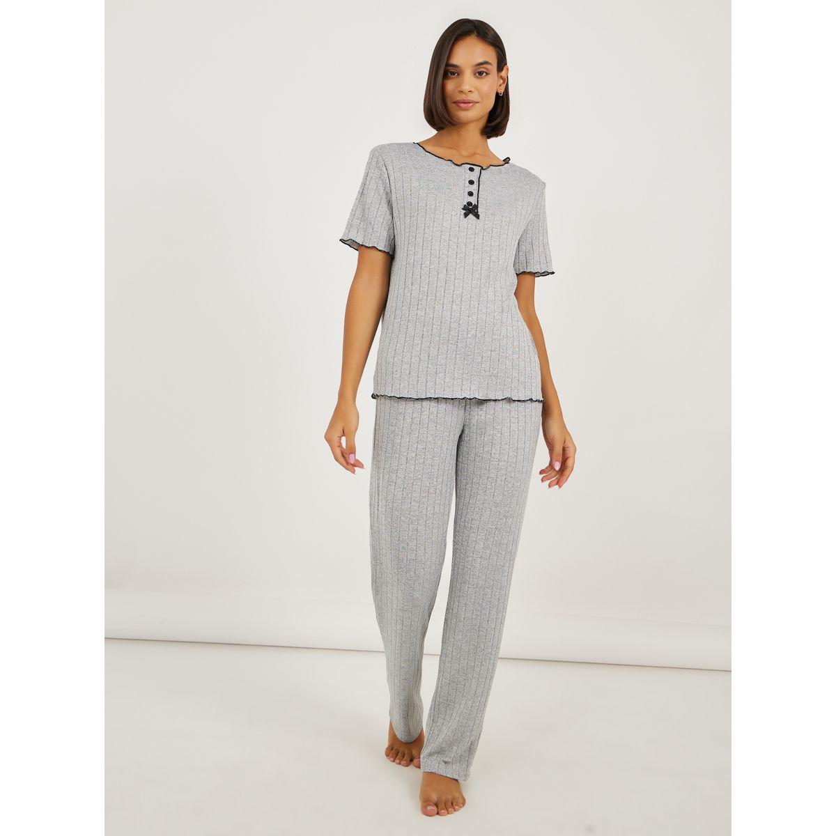 Styli Brushed Rib Contrast Edge Placket T-Shirt and Pyjama Set-women-clothing-nightwear-pyjamas-longsets-image-1