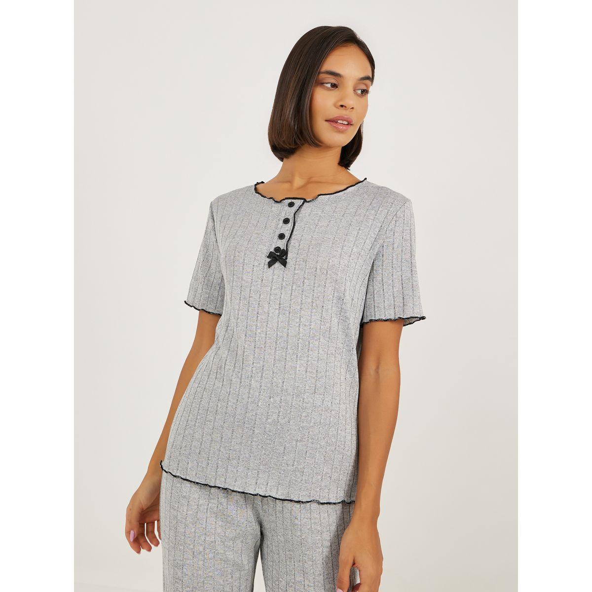 Styli Brushed Rib Contrast Edge Placket T-Shirt and Pyjama Set-women-clothing-nightwear-pyjamas-longsets-image-2