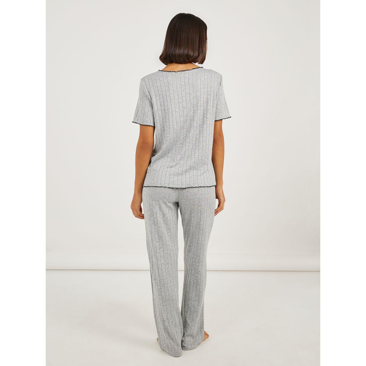 Styli Brushed Rib Contrast Edge Placket T-Shirt and Pyjama Set-women-clothing-nightwear-pyjamas-longsets-image-5
