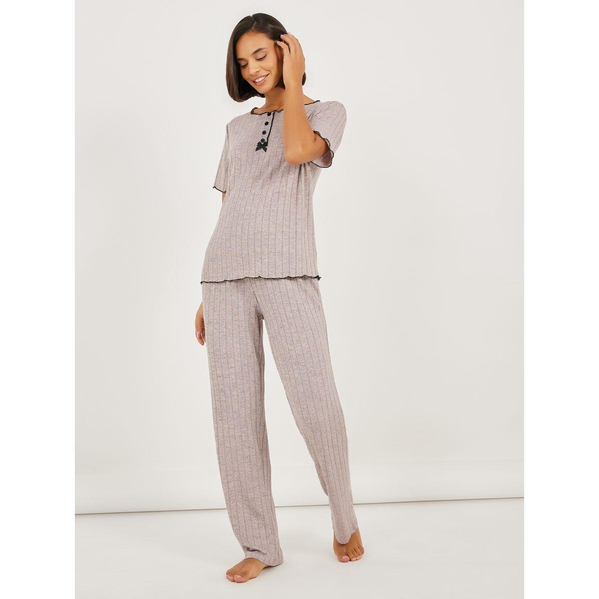 Styli Brushed Rib Contrast Edge Placket T-Shirt and Pyjama Set-women-clothing-nightwear-pyjamas-longsets-image-1