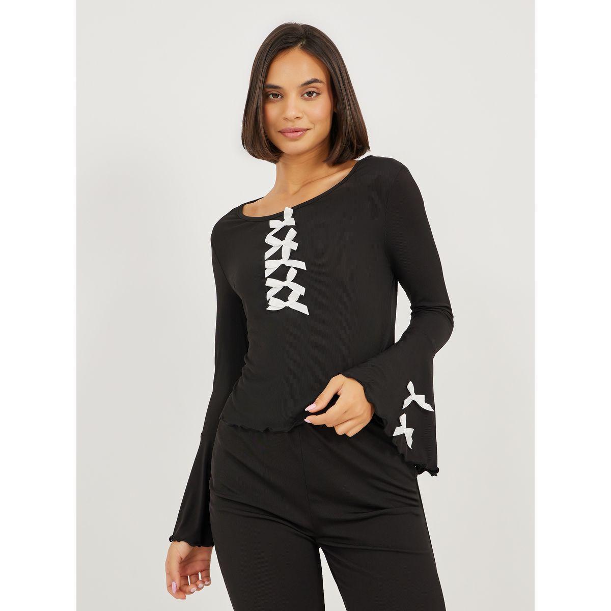 طقم من بنطال بيجاما مع بلوزة سادة بأكمام كشكش-women-clothing-nightwear-pyjamas-longsets-image-2