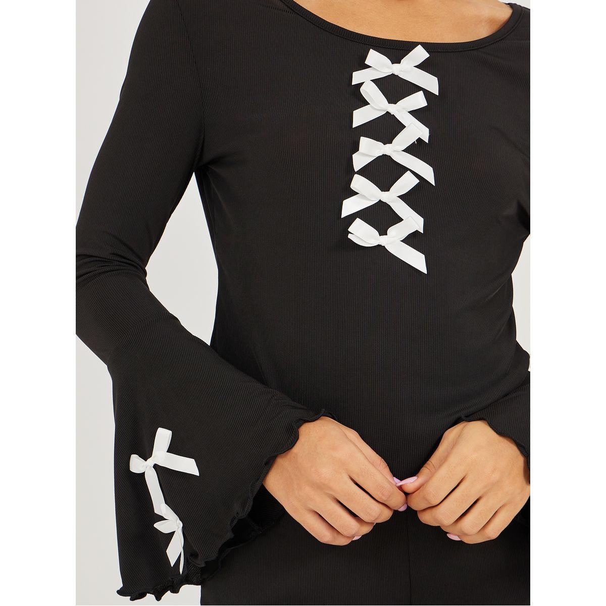 Styli Solid Ruffle Sleeve Multi Bow Detail Top and Flared Pyjama Set-women-clothing-nightwear-pyjamas-longsets-image-3