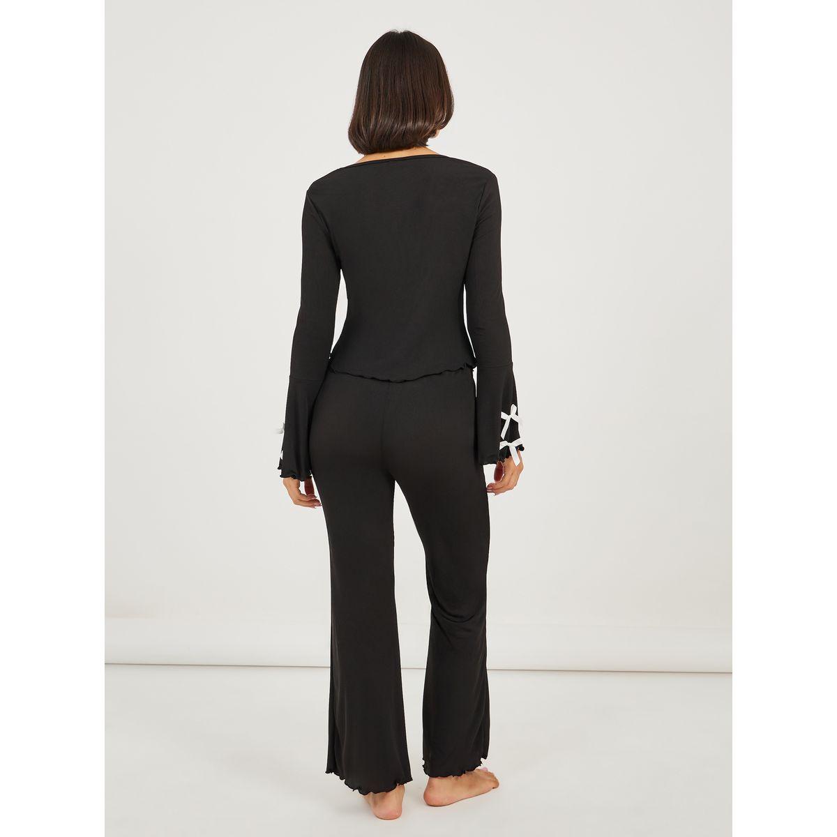 طقم من بنطال بيجاما مع بلوزة سادة بأكمام كشكش-women-clothing-nightwear-pyjamas-longsets-image-5