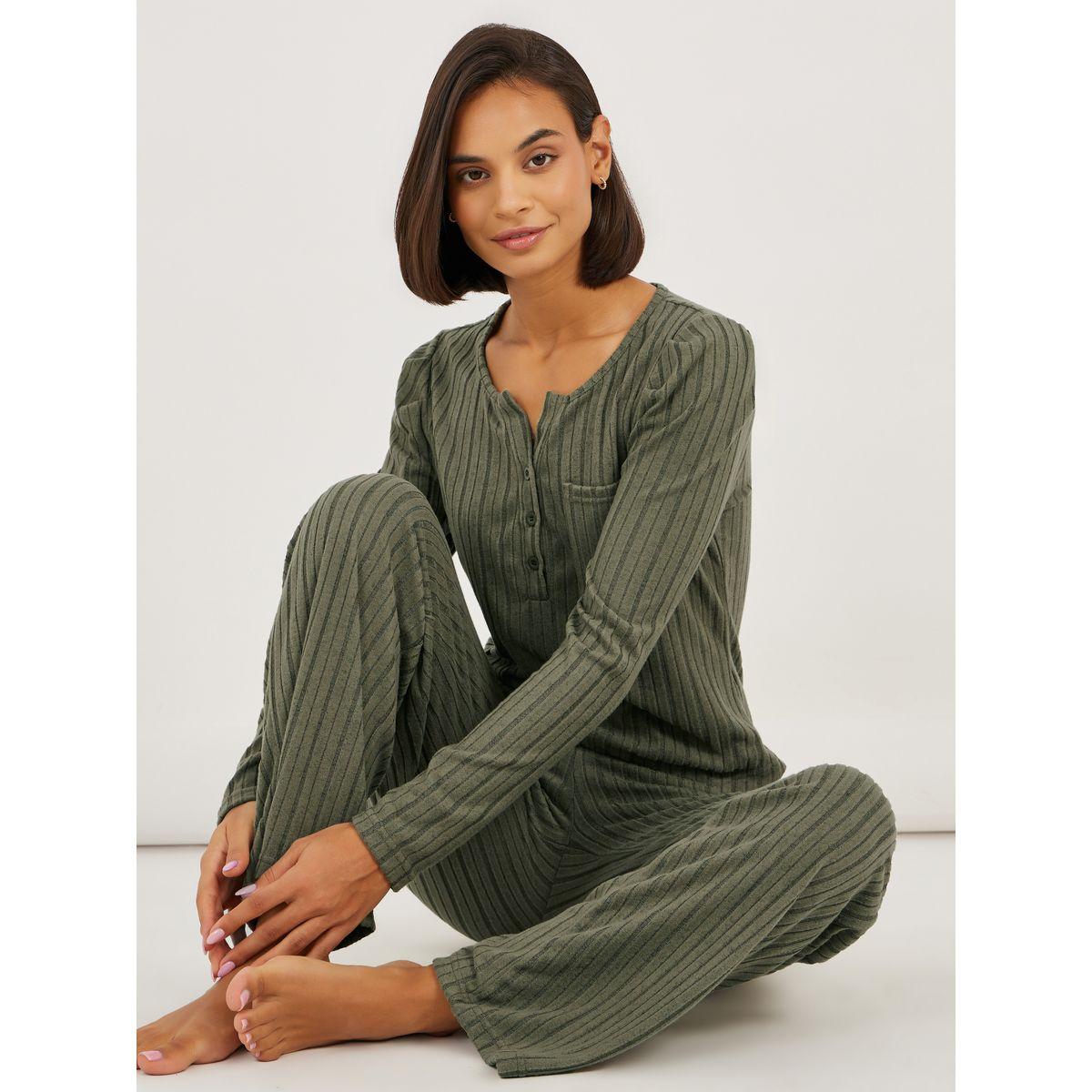Styli Rib Button Front Notch Neck Pocket Top and Pyjama Set-women-clothing-nightwear-pyjamas-longsets-image-1