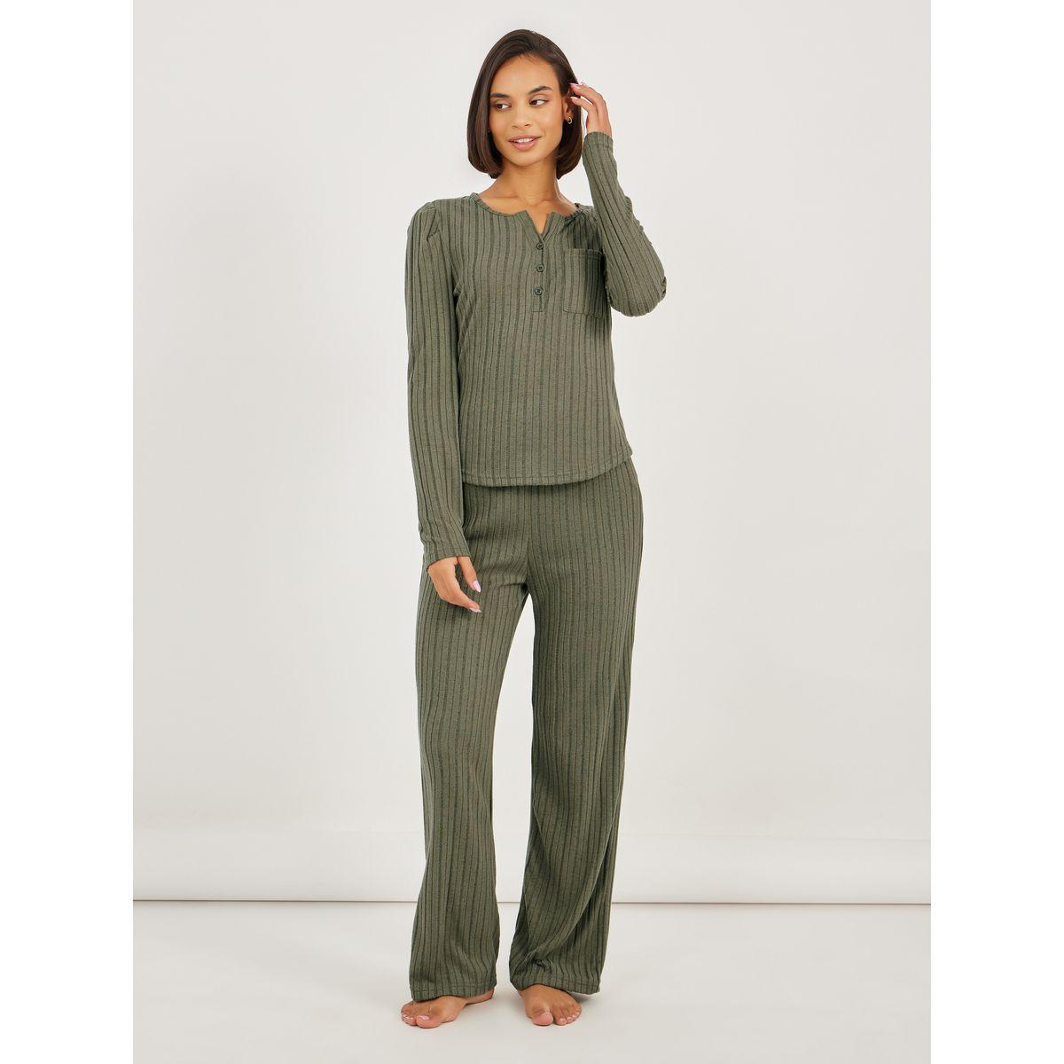Styli Rib Button Front Notch Neck Pocket Top and Pyjama Set-women-clothing-nightwear-pyjamas-longsets-image-2