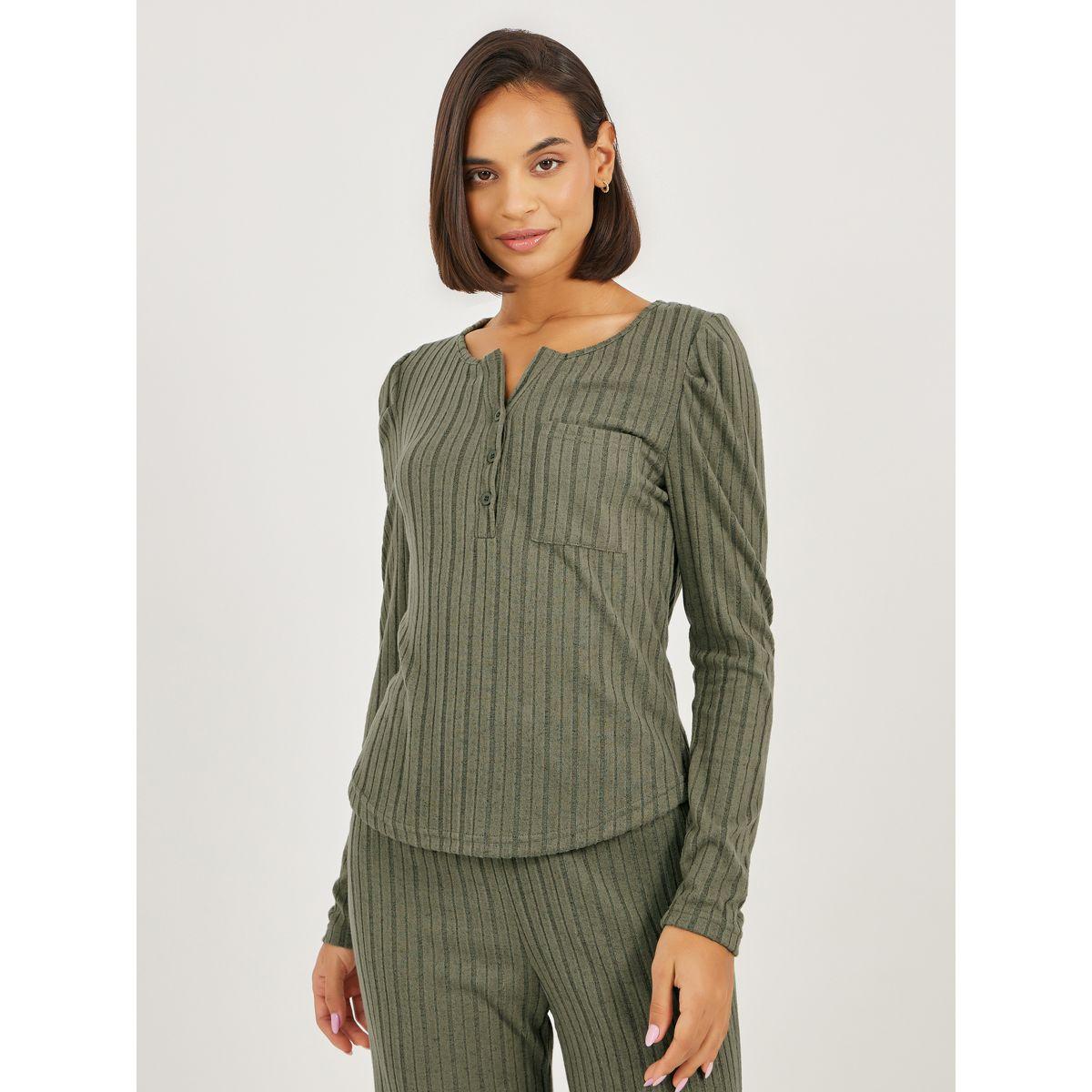 Styli Rib Button Front Notch Neck Pocket Top and Pyjama Set-women-clothing-nightwear-pyjamas-longsets-image-3