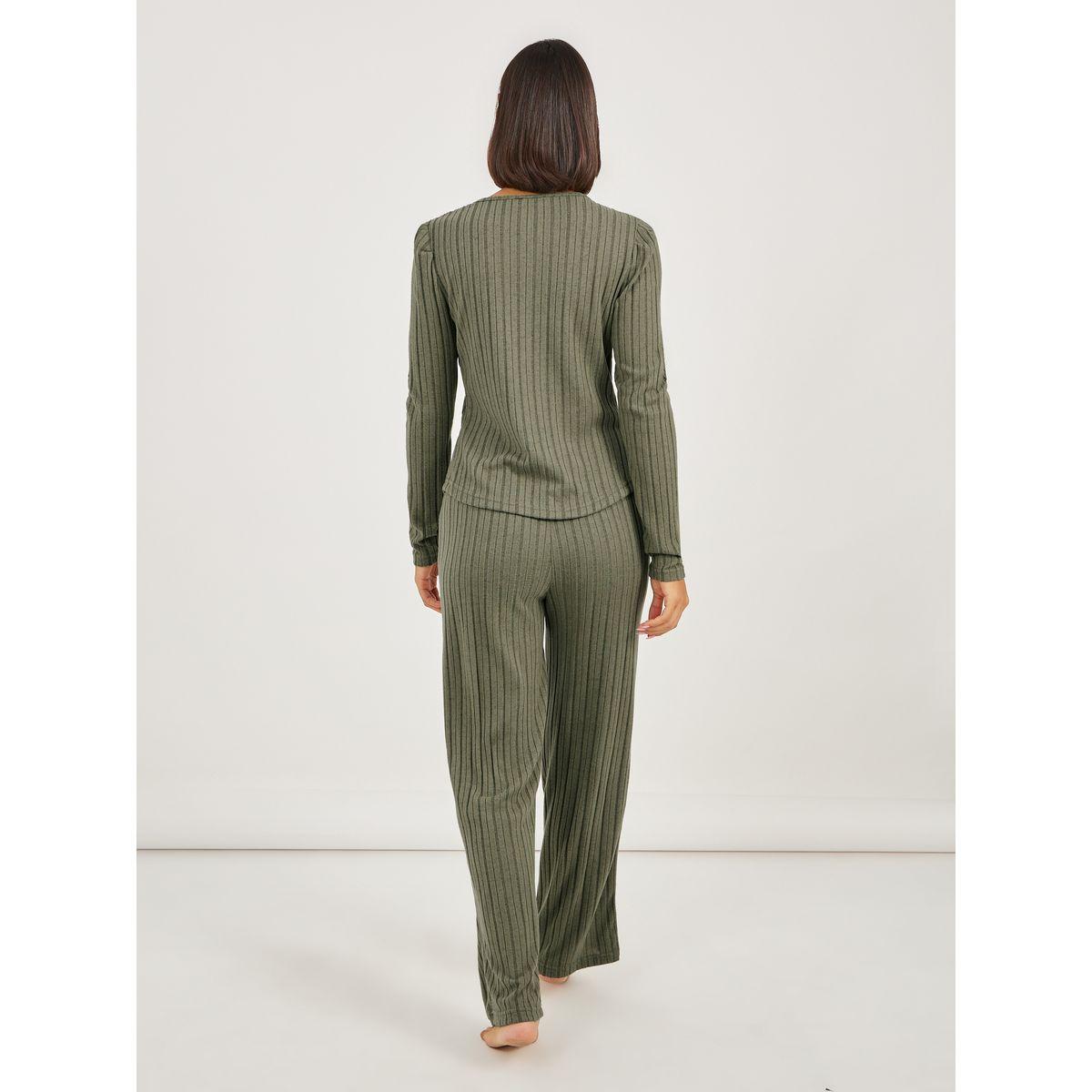 Styli Rib Button Front Notch Neck Pocket Top and Pyjama Set-women-clothing-nightwear-pyjamas-longsets-image-6