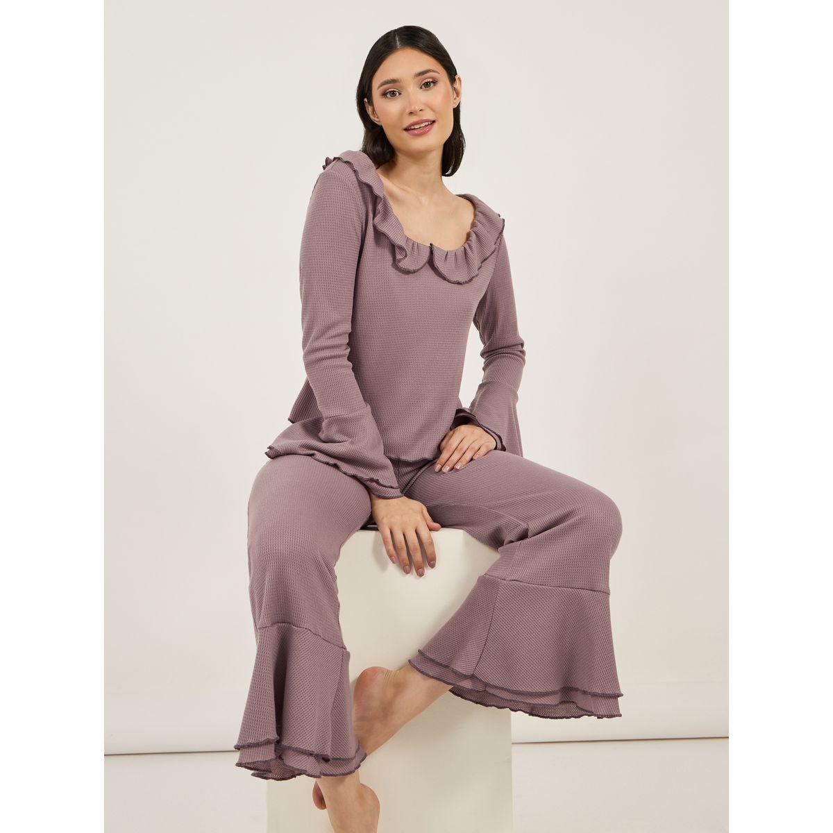 Styli Rib Ruffle Collar Flared Sleeves Top and Flared Pyjama Set-women-clothing-nightwear-pyjamas-longsets-image-1