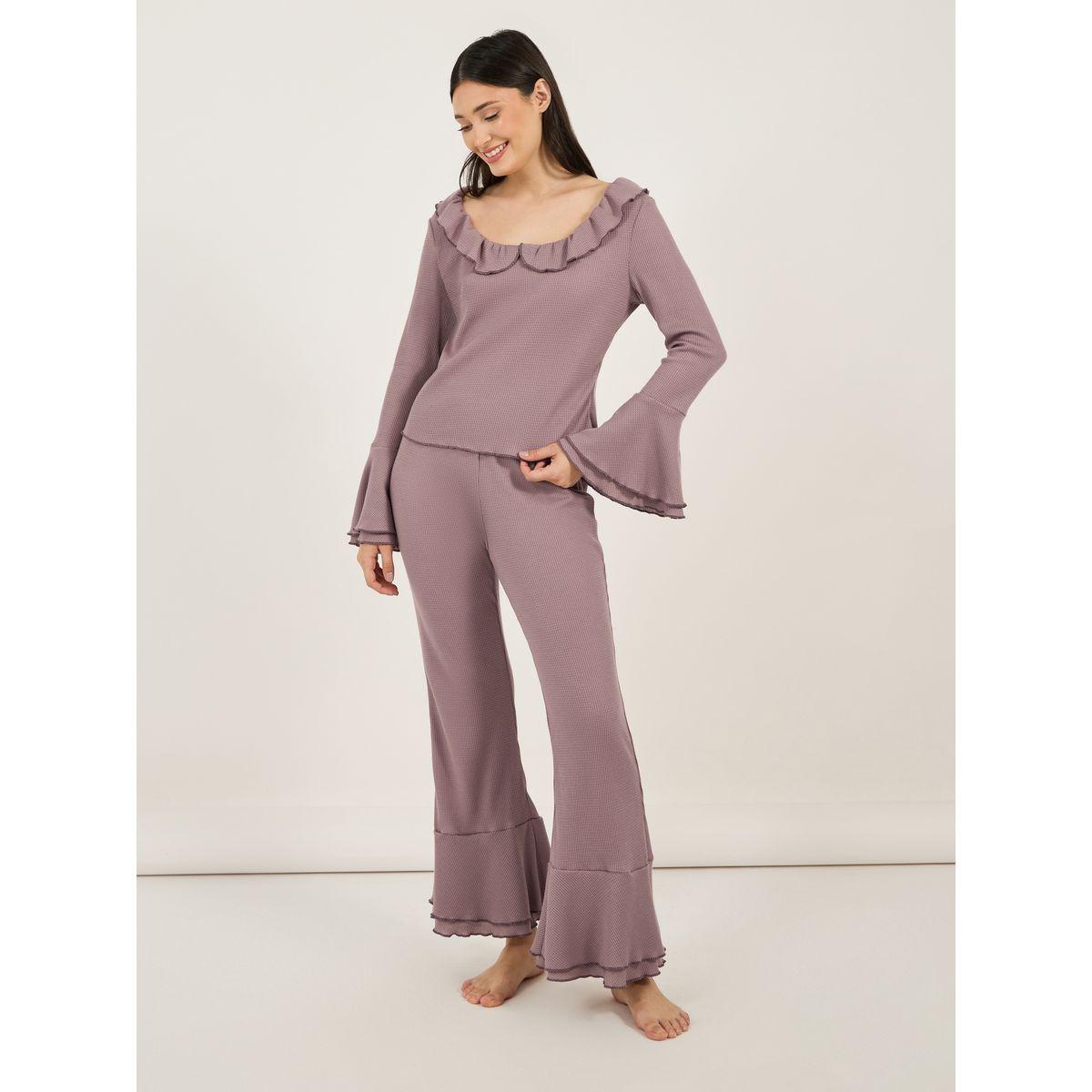 Styli Rib Ruffle Collar Flared Sleeves Top and Flared Pyjama Set-women-clothing-nightwear-pyjamas-longsets-image-2