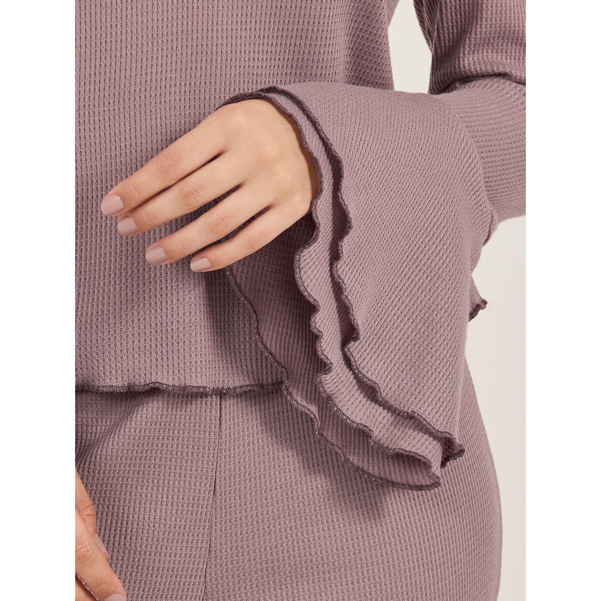 Styli Rib Ruffle Collar Flared Sleeves Top and Flared Pyjama Set-women-clothing-nightwear-pyjamas-longsets-image-4