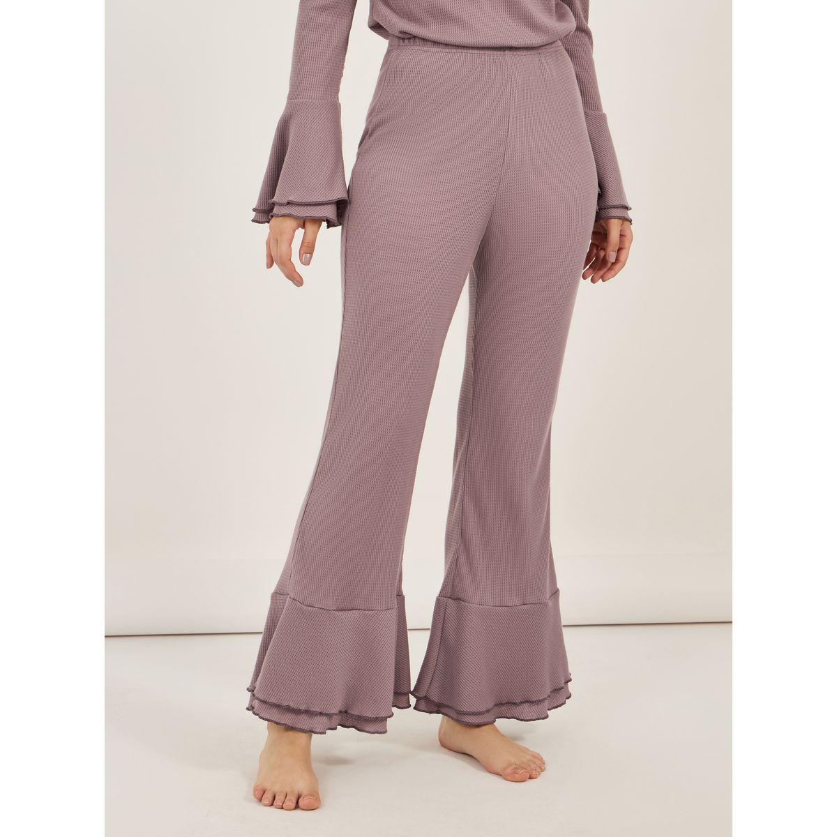 Styli Rib Ruffle Collar Flared Sleeves Top and Flared Pyjama Set-women-clothing-nightwear-pyjamas-longsets-image-5