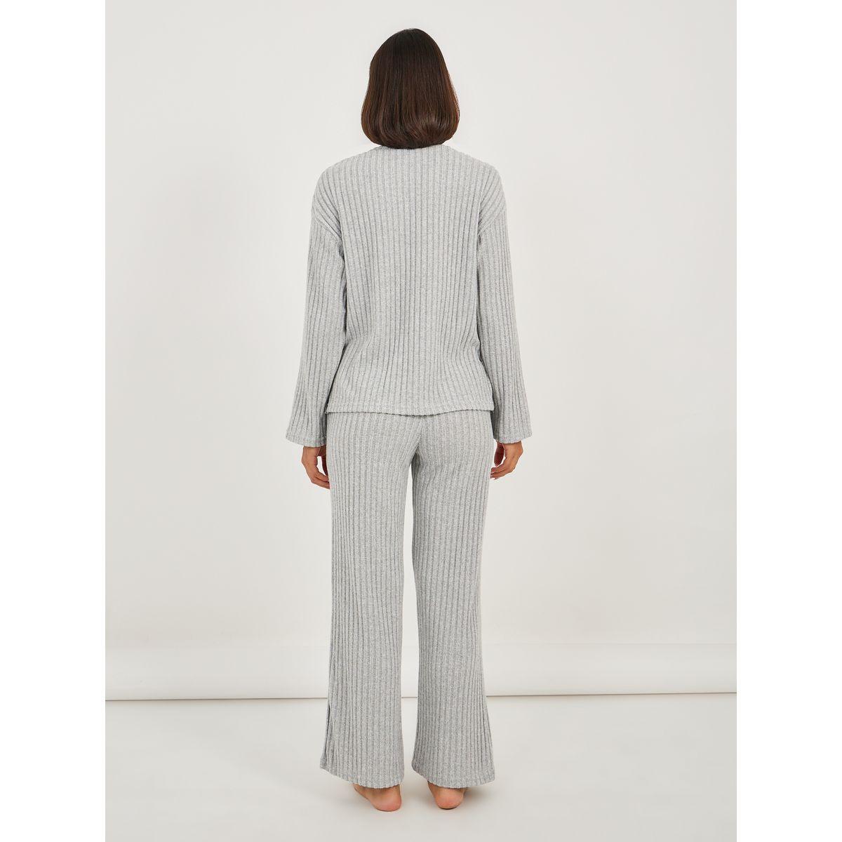 Styli Brushed Rib Placket Detail Drop Shoulder Top and Pyjama Set-women-clothing-nightwear-pyjamas-longsets-image-5
