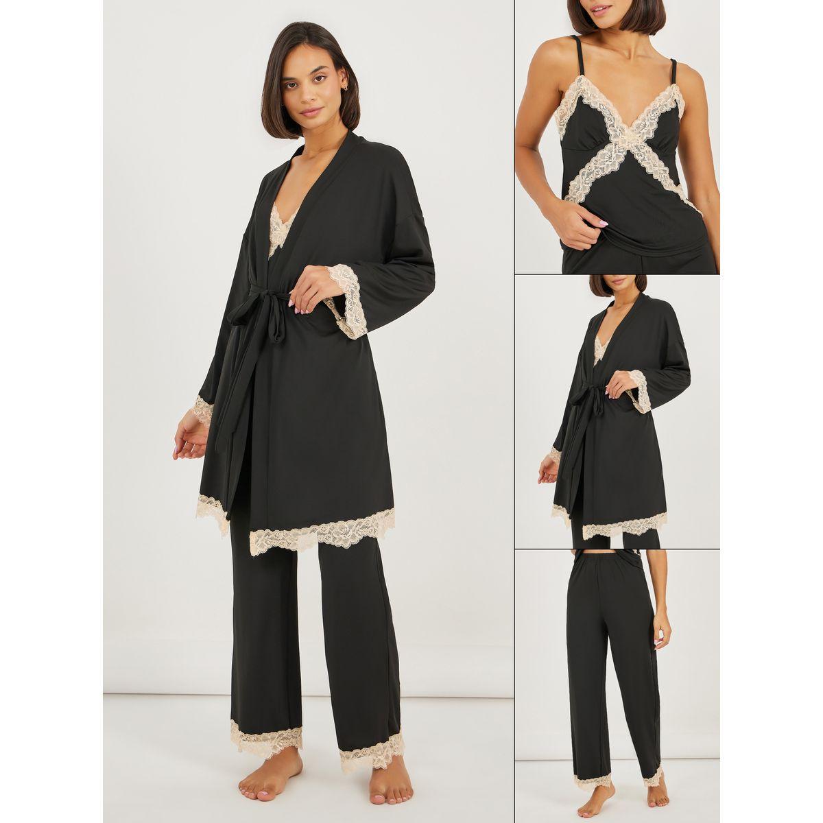 Styli Pack of 3 - Contrast Lace Trim Cami, Robe and Pyjama-women-clothing-nightwear-pyjamas-longsets-image-1