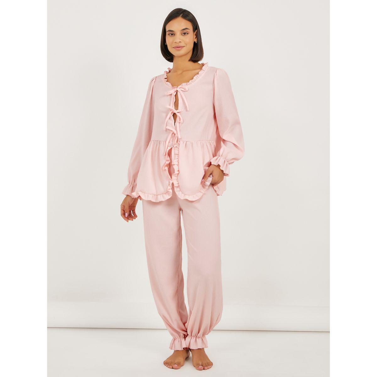 Styli Ruffle Edge Tie Front Tiered Hem Top and Cuffed Pyjama Set-women-clothing-nightwear-pyjamas-longsets-image-1