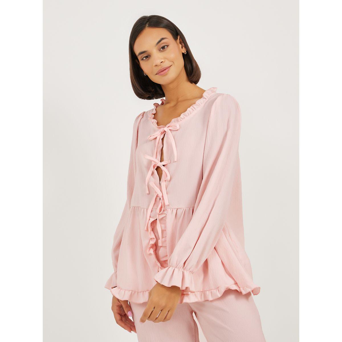 Styli Ruffle Edge Tie Front Tiered Hem Top and Cuffed Pyjama Set-women-clothing-nightwear-pyjamas-longsets-image-2