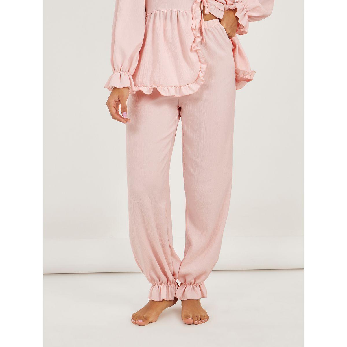 Styli Ruffle Edge Tie Front Tiered Hem Top and Cuffed Pyjama Set-women-clothing-nightwear-pyjamas-longsets-image-4