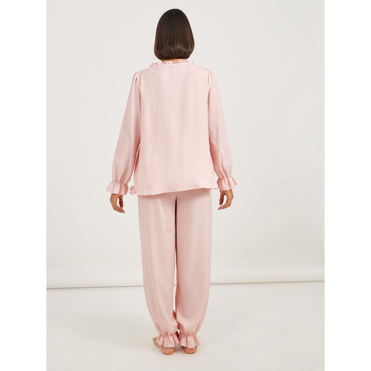 Styli Ruffle Edge Tie Front Tiered Hem Top and Cuffed Pyjama Set-women-clothing-nightwear-pyjamas-longsets-image-5