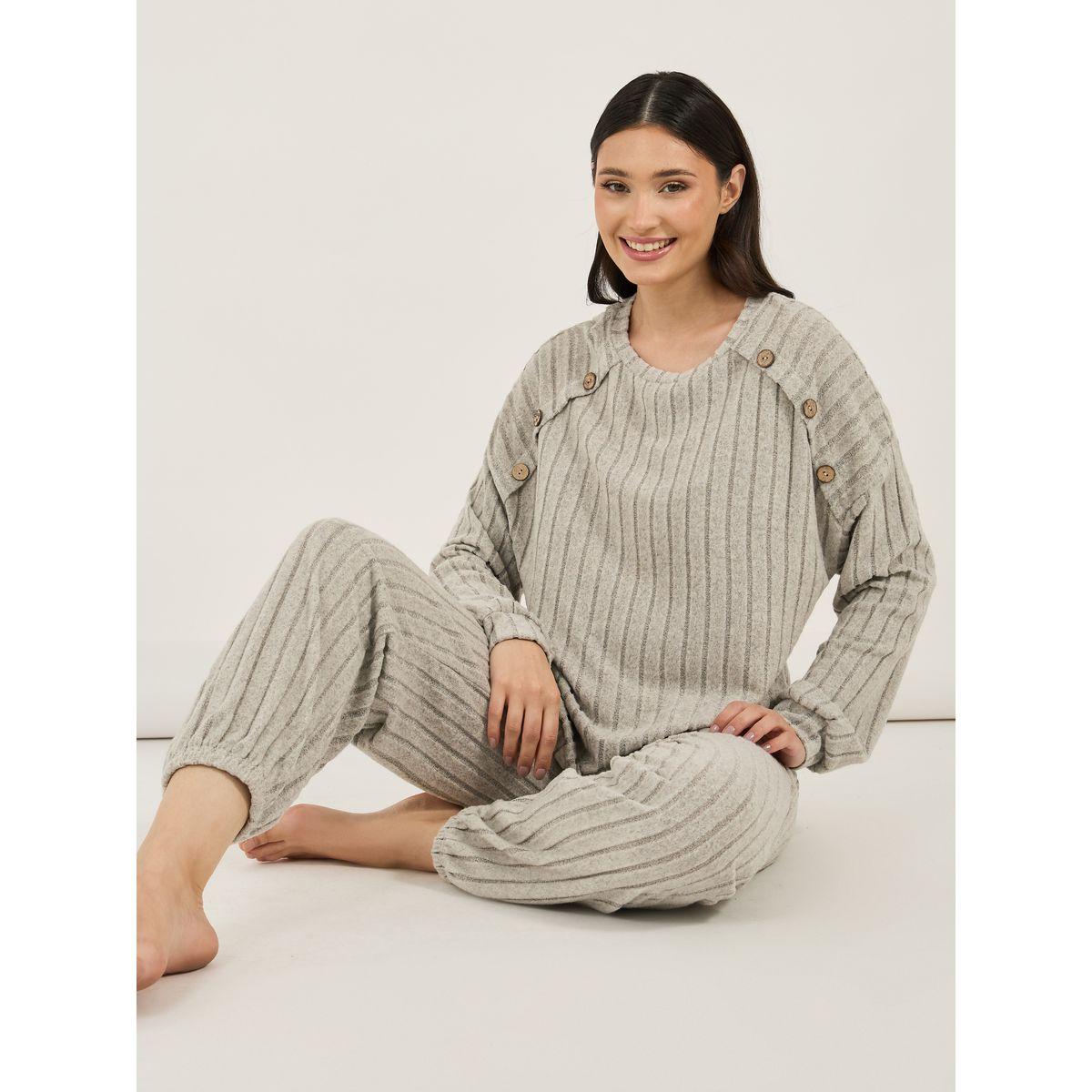 Styli Button Detail Ribbed Long Sleeves Top and Pyjama Set-women-clothing-nightwear-pyjamas-longsets-image-1