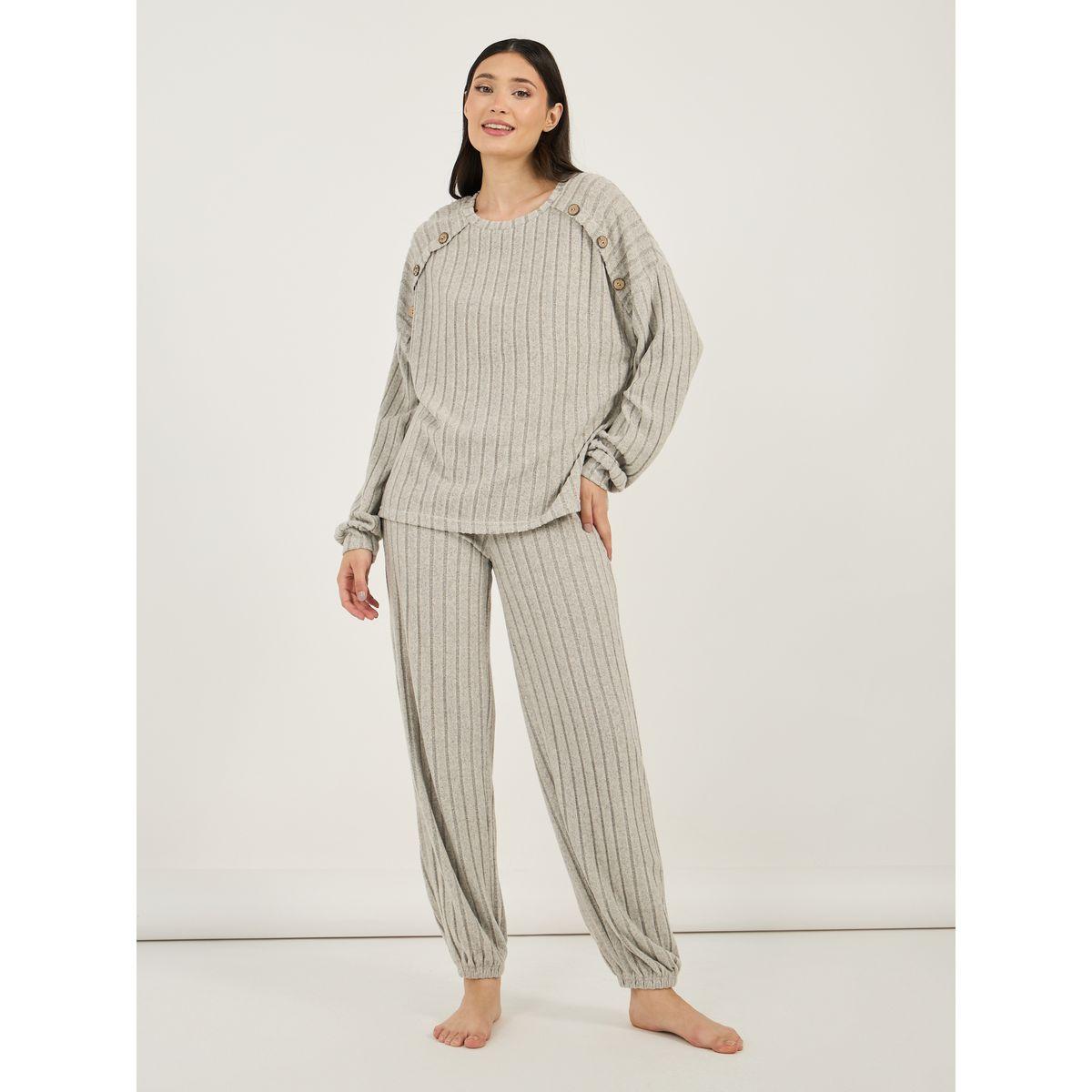 Styli Button Detail Ribbed Long Sleeves Top and Pyjama Set-women-clothing-nightwear-pyjamas-longsets-image-2
