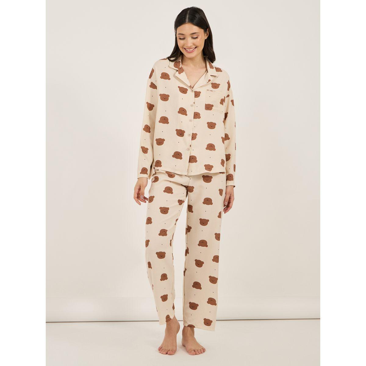 Styli All Over Bear Print Button Through Shirt and Pyjama Set-women-clothing-nightwear-pyjamas-longsets-image-1