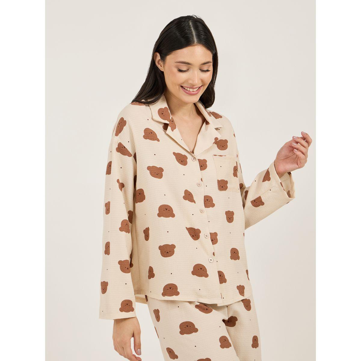 Styli All Over Bear Print Button Through Shirt and Pyjama Set-women-clothing-nightwear-pyjamas-longsets-image-2