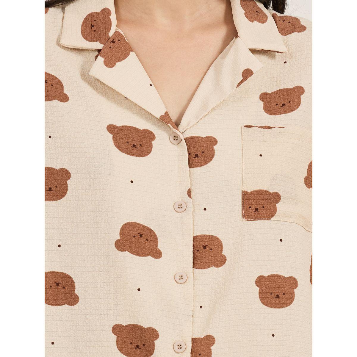 Styli All Over Bear Print Button Through Shirt and Pyjama Set-women-clothing-nightwear-pyjamas-longsets-image-3