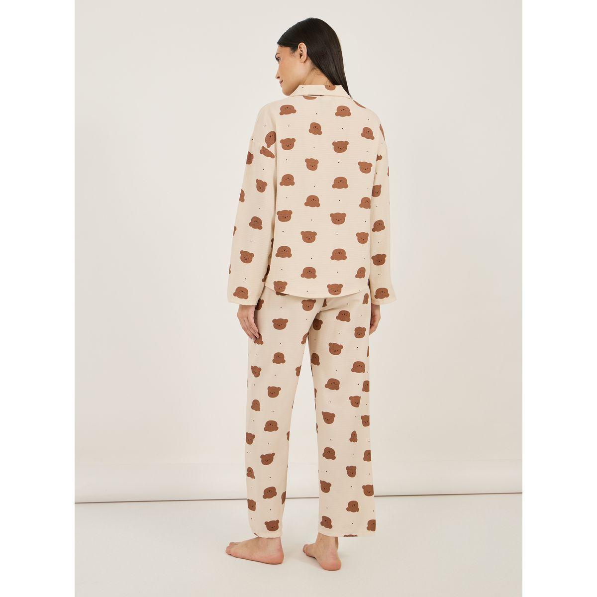 Styli All Over Bear Print Button Through Shirt and Pyjama Set-women-clothing-nightwear-pyjamas-longsets-image-5
