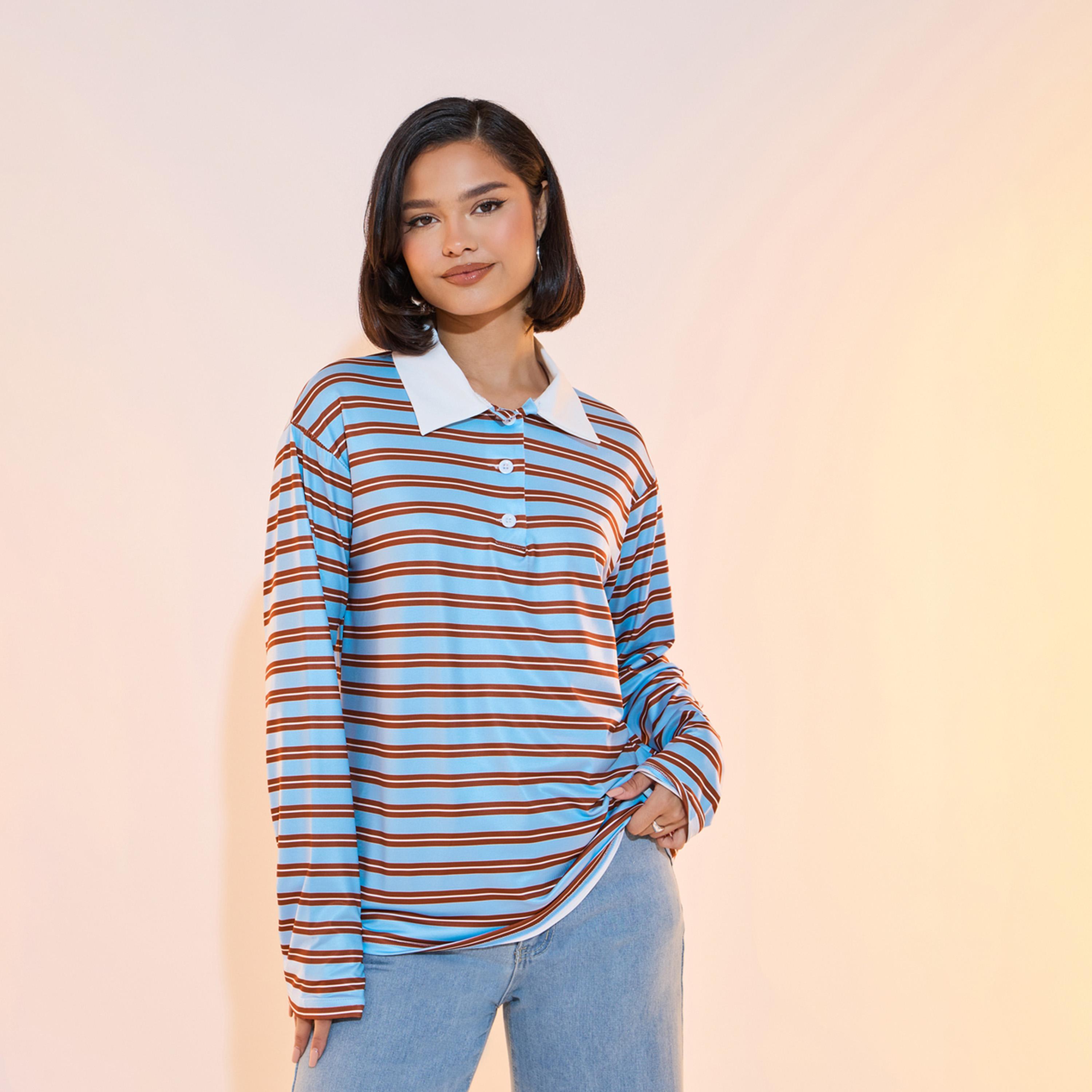 تيشيرت بياقة بولو وقصة مريحة مع أكمام طويلة-women-clothing-tshirts-image-1
