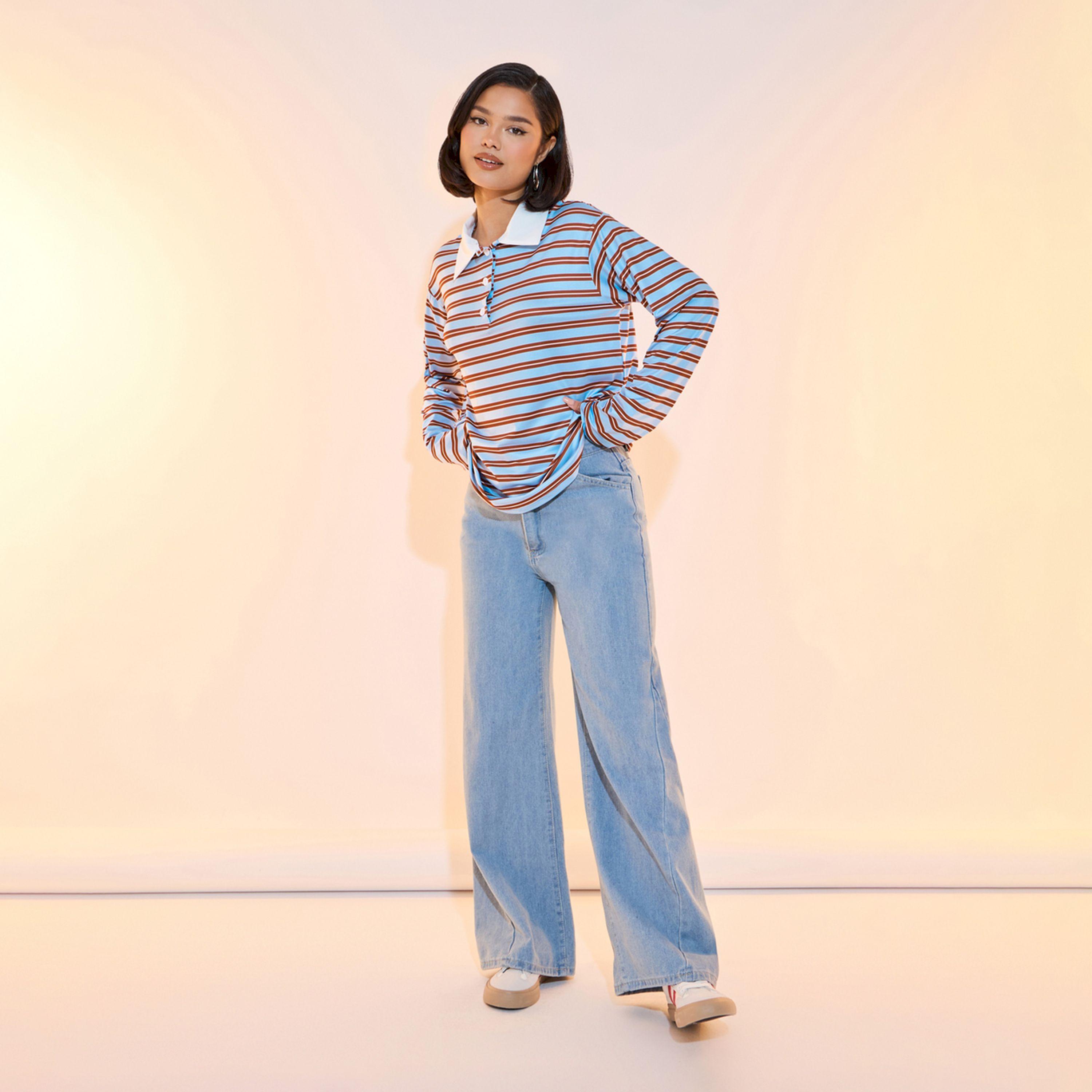Take Two Relaxed Fit Striped Long Sleeve Polo T-Shirt-women-clothing-tshirts-image-2