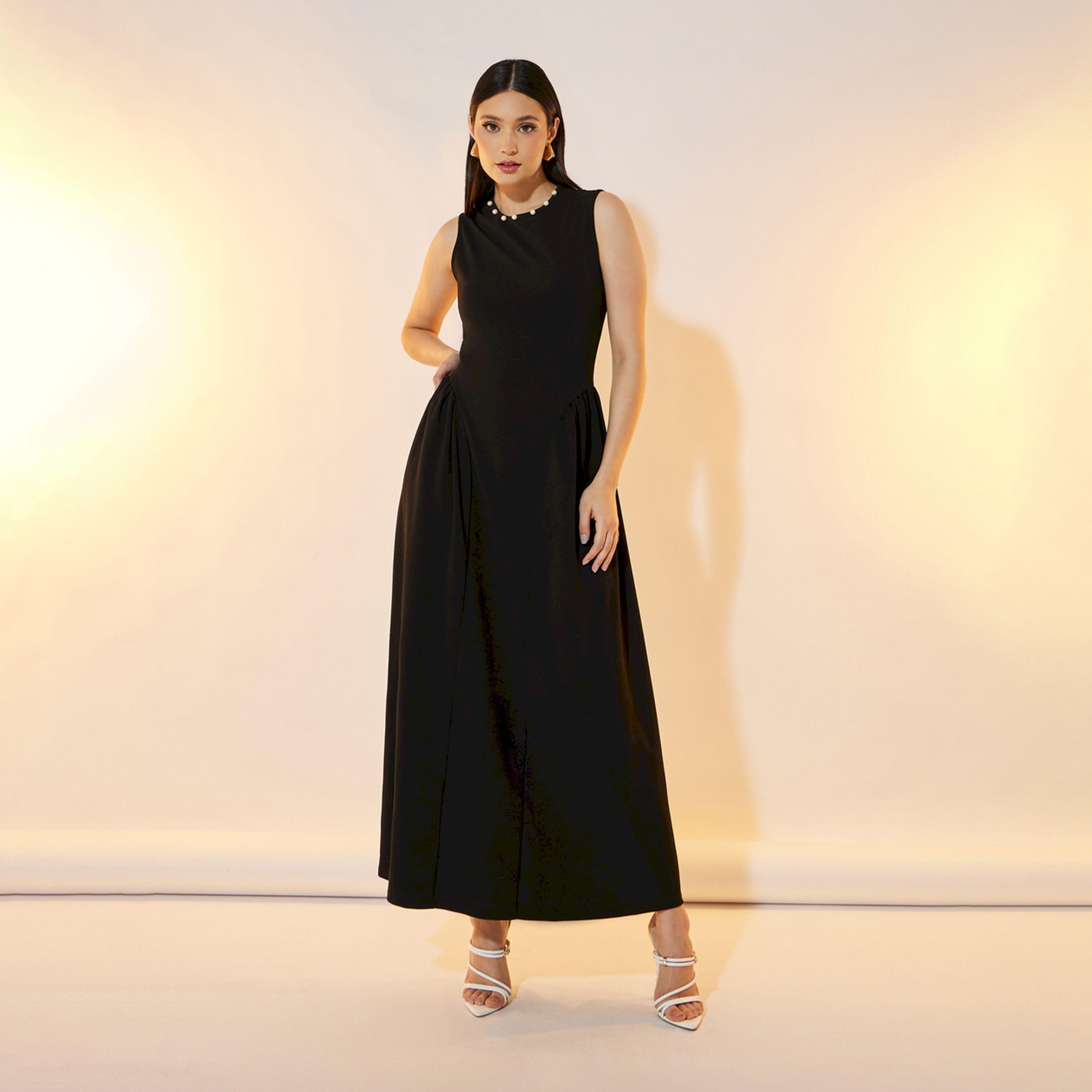 فستان طويل بلا أكمام مزين بلؤلؤ صناعي-women-clothing-dresses-image-1