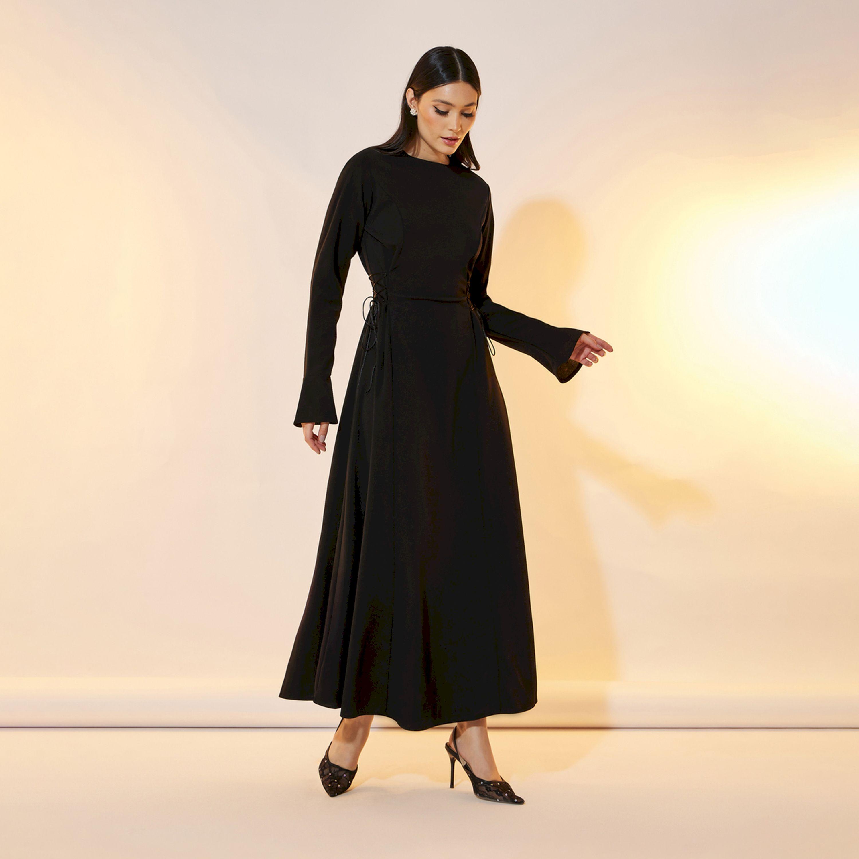تيك تو - فستان ماكسي سادة برباط على الخصر ورقبة دائرية-women-clothing-dresses-image-1