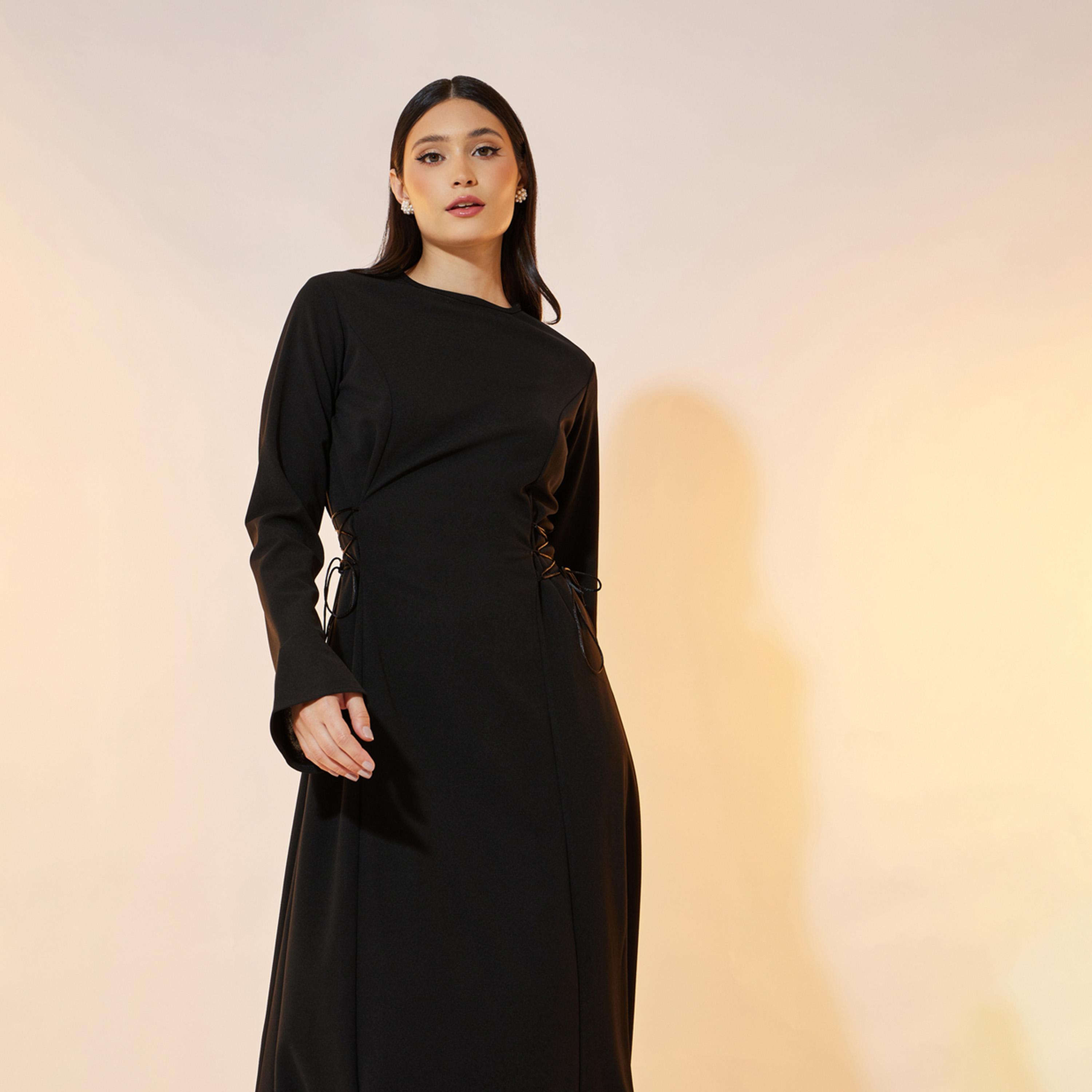 تيك تو - فستان ماكسي سادة برباط على الخصر ورقبة دائرية-women-clothing-dresses-image-2