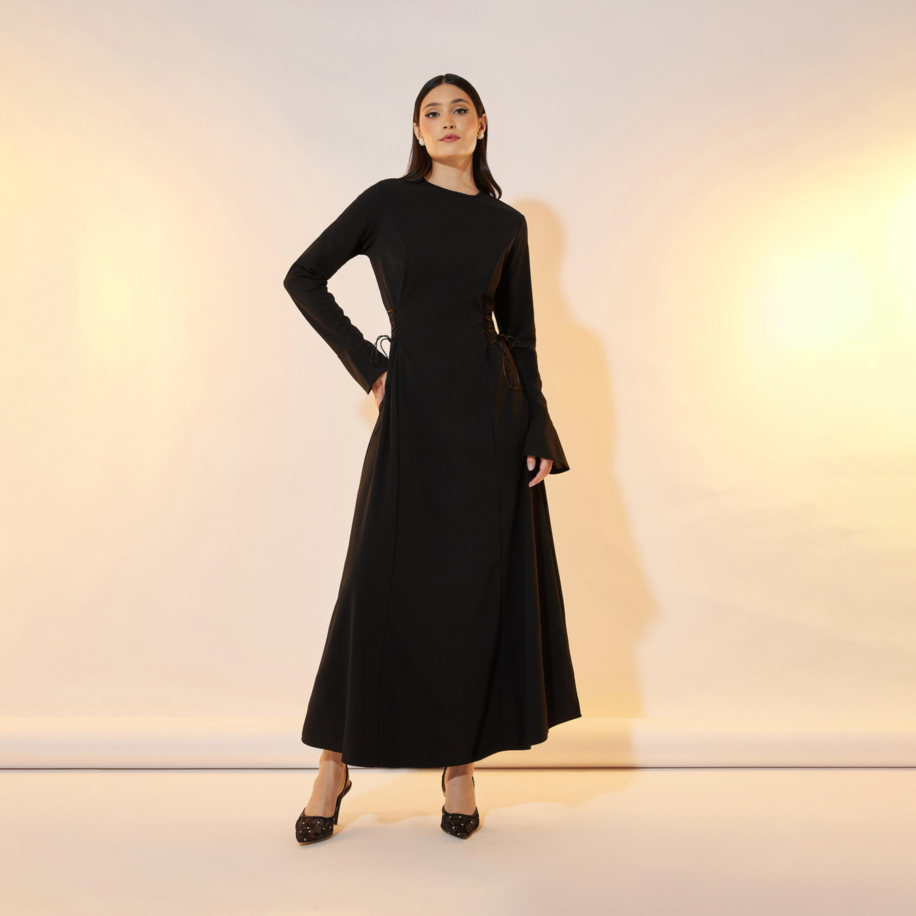 تيك تو - فستان ماكسي سادة برباط على الخصر ورقبة دائرية-women-clothing-dresses-image-4