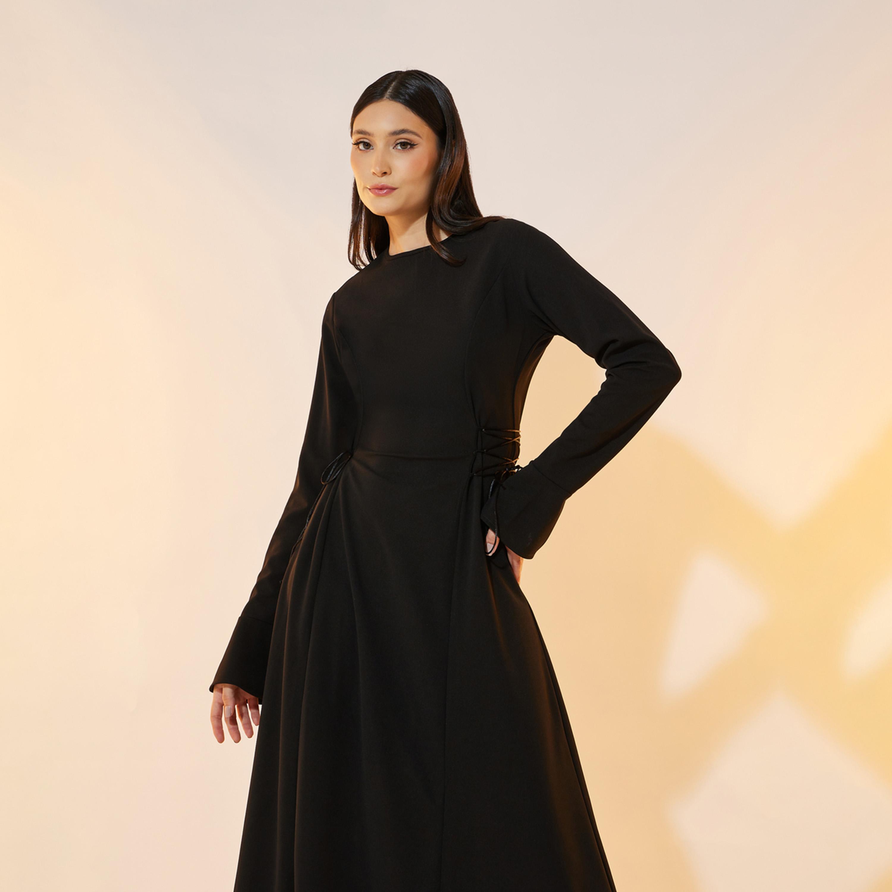 تيك تو - فستان ماكسي سادة برباط على الخصر ورقبة دائرية-women-clothing-dresses-image-5