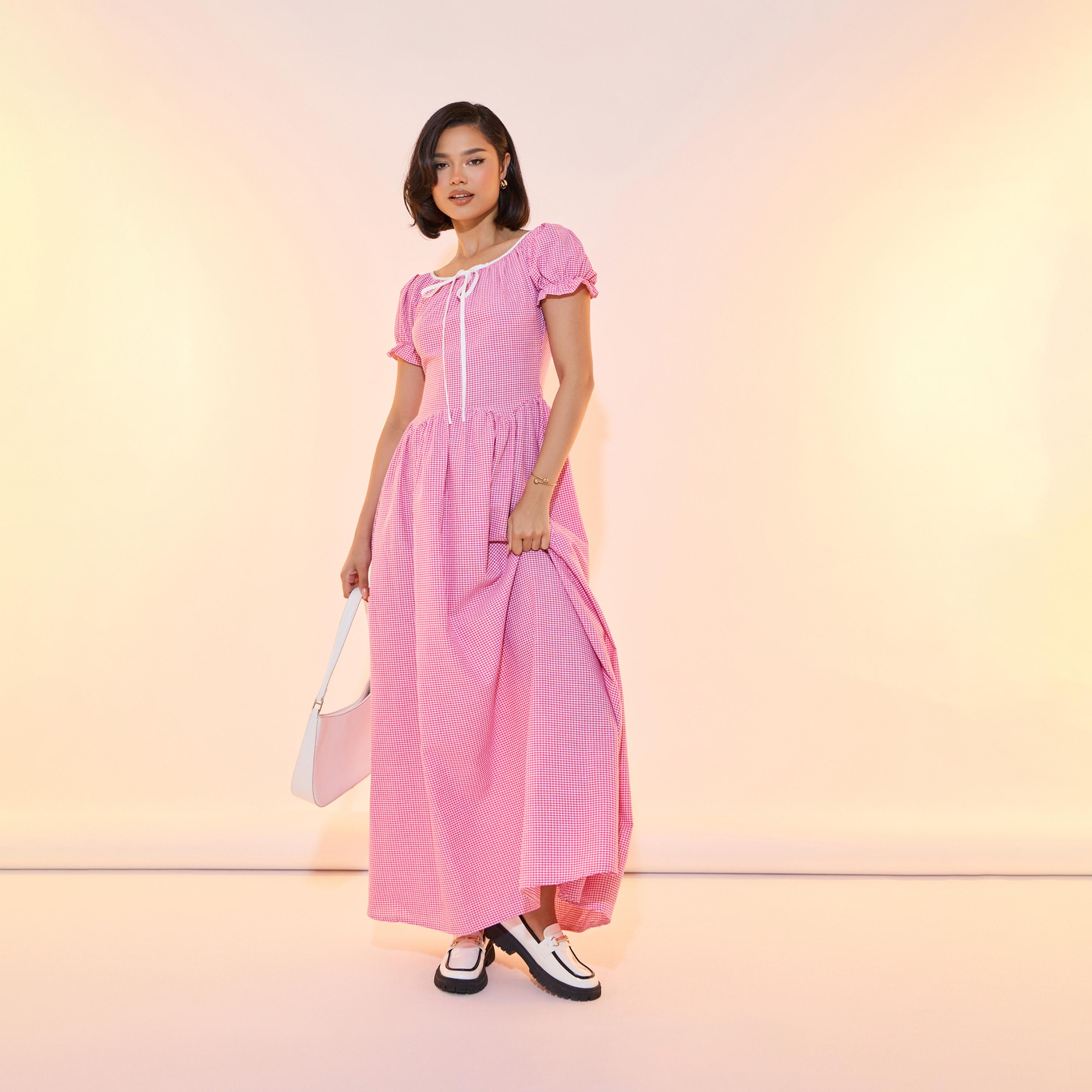 Take Two Gingham Check A-Line Maxi Dress with Bow Detail-women-clothing-dresses-image-1
