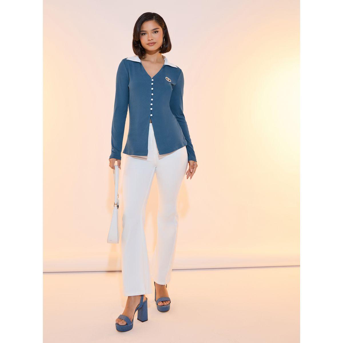 بلوزة محبوكة بتفاصيل مضلعة مع شارة مُرقعة-women-clothing-shirtsandblouses-blouses-image-2