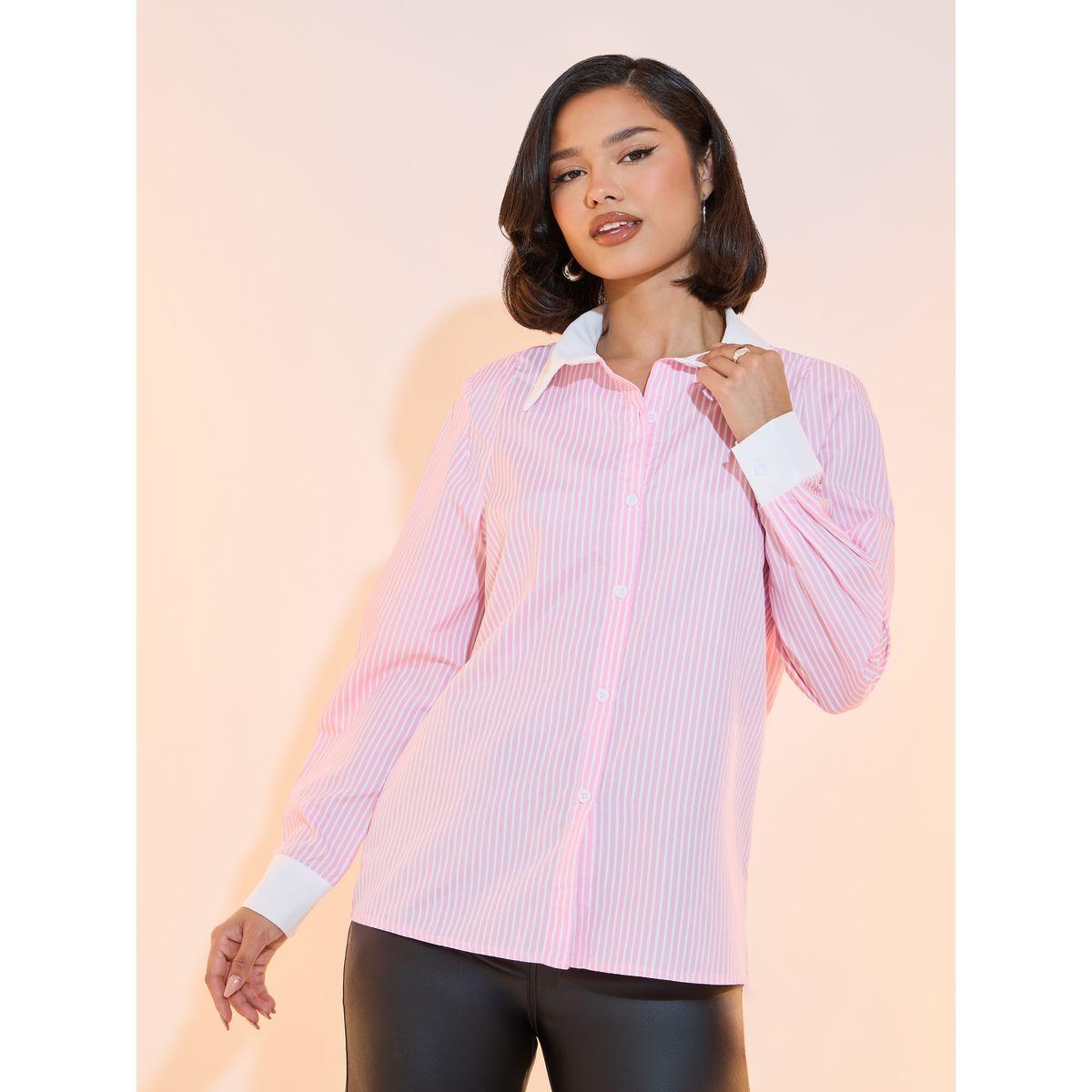Take Two Striped Contrast Trim Long Sleeve Collared Shirt-women-clothing-shirtsandblouses-shirts-image-1