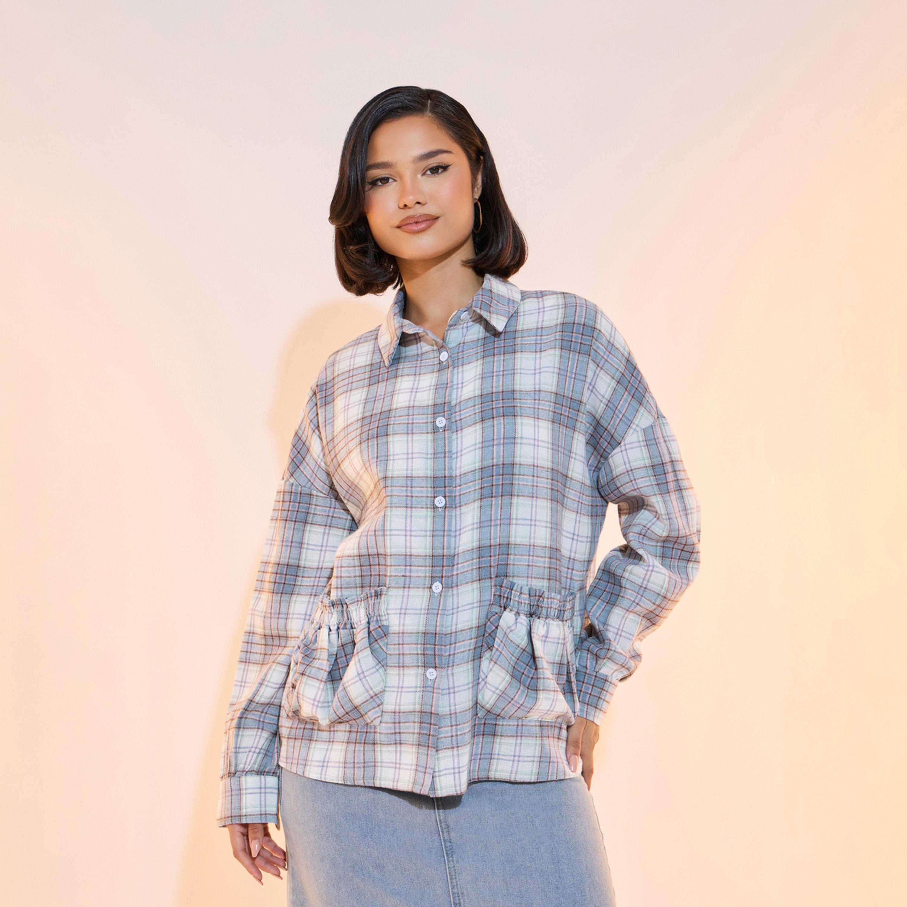بلوزة فضفاضة بطبعة مربعات وجيوب-women-clothing-shirtsandblouses-shirts-image-1