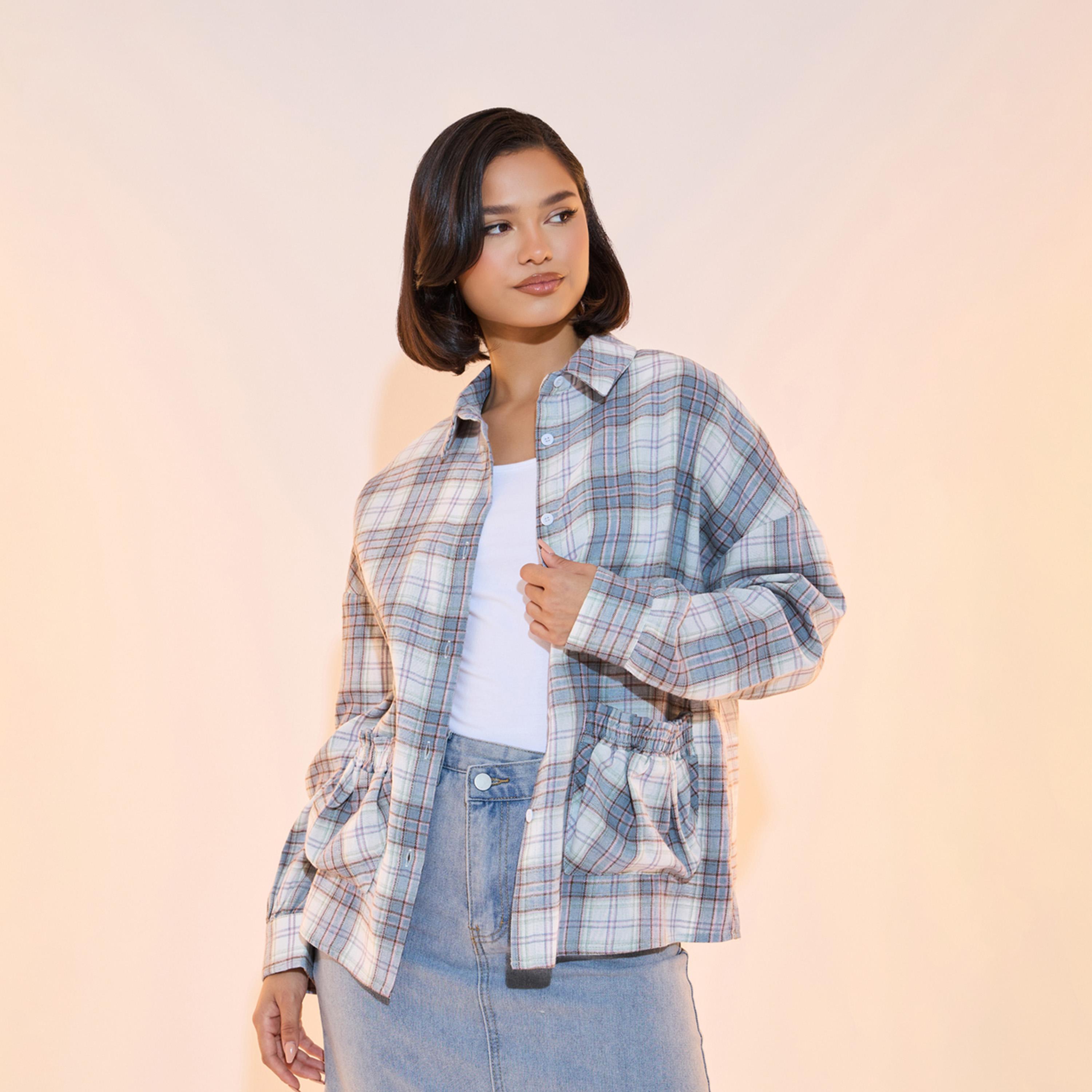 Take Two Checked Front Pocket Oversized Shirt-women-clothing-shirtsandblouses-shirts-image-2