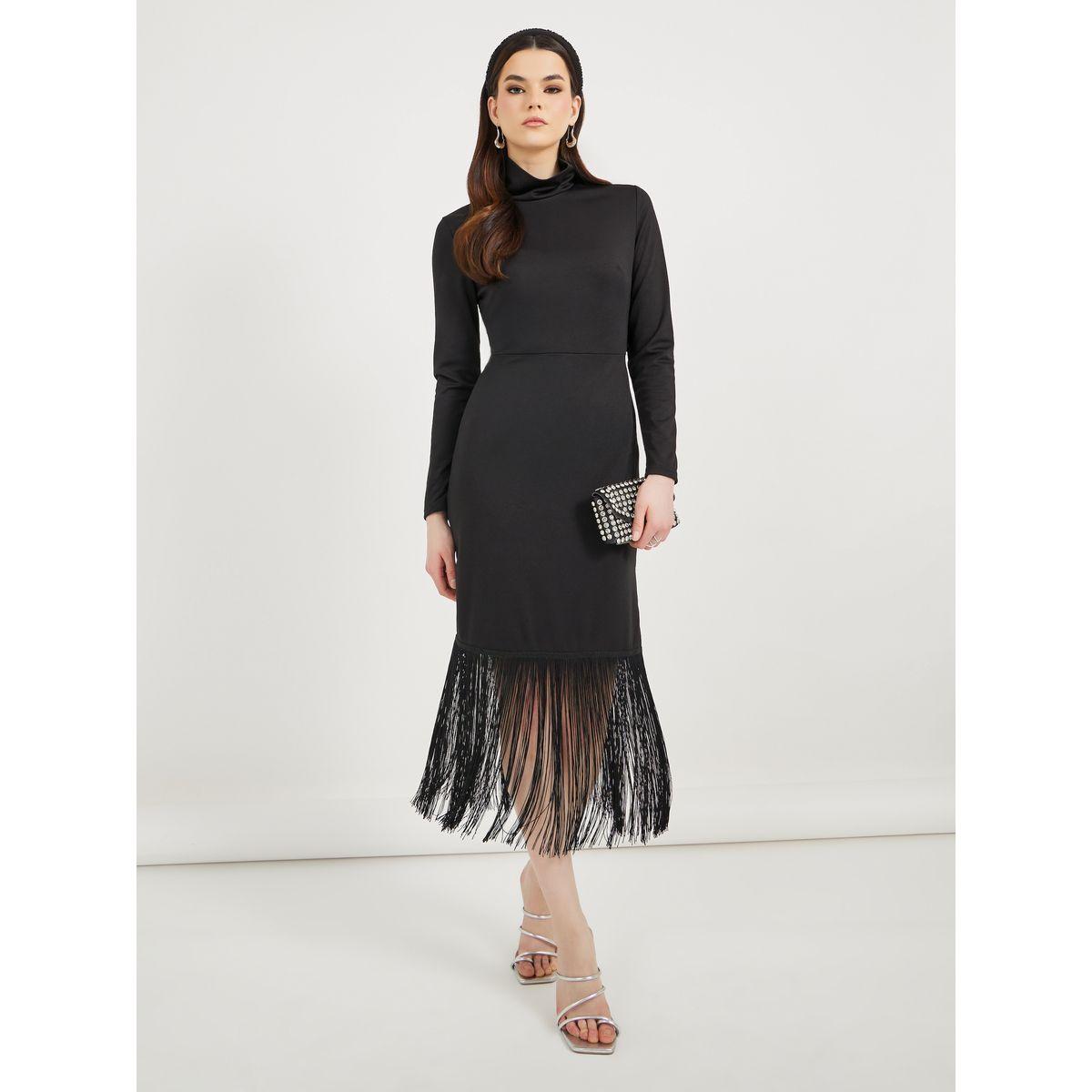 Styli Solid High Neck Bodycon Midi Dress with Fringes Detail-women-clothing-dresses-image-1