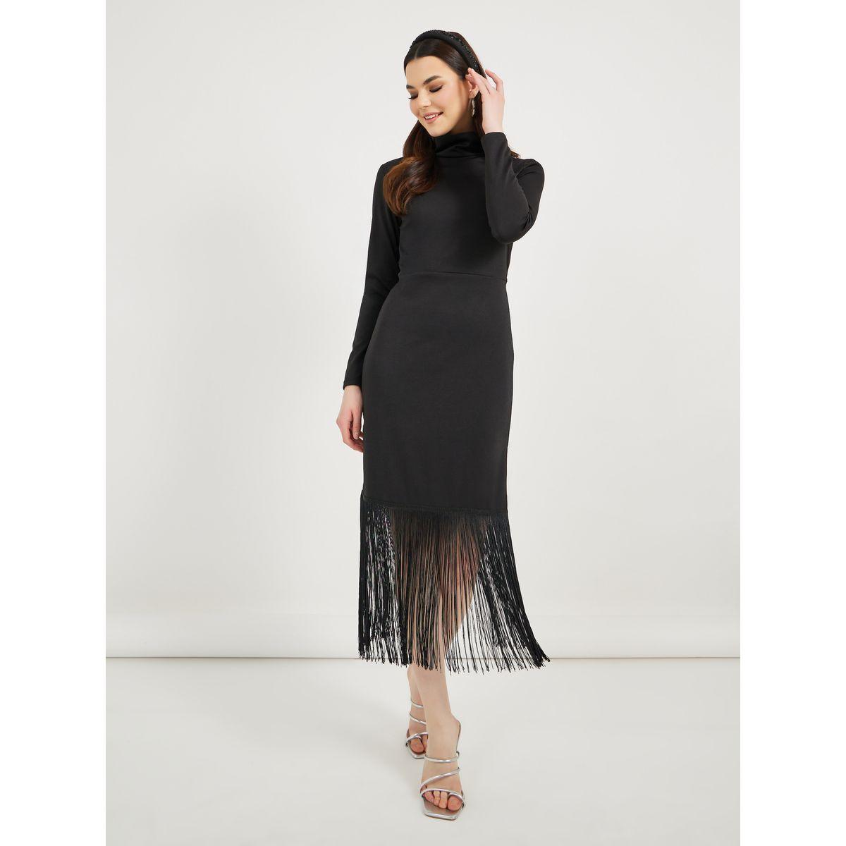 Styli Solid High Neck Bodycon Midi Dress with Fringes Detail-women-clothing-dresses-image-2