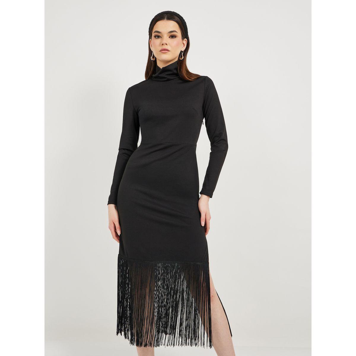 Styli Solid High Neck Bodycon Midi Dress with Fringes Detail-women-clothing-dresses-image-3