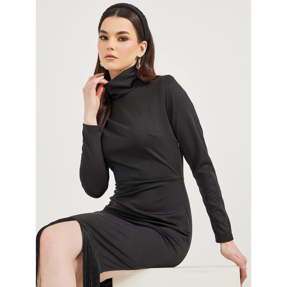 Styli Solid High Neck Bodycon Midi Dress with Fringes Detail-women-clothing-dresses-image-4