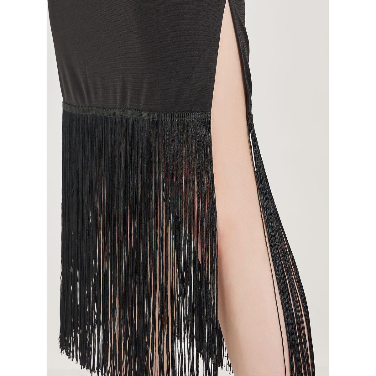 Styli Solid High Neck Bodycon Midi Dress with Fringes Detail-women-clothing-dresses-image-5