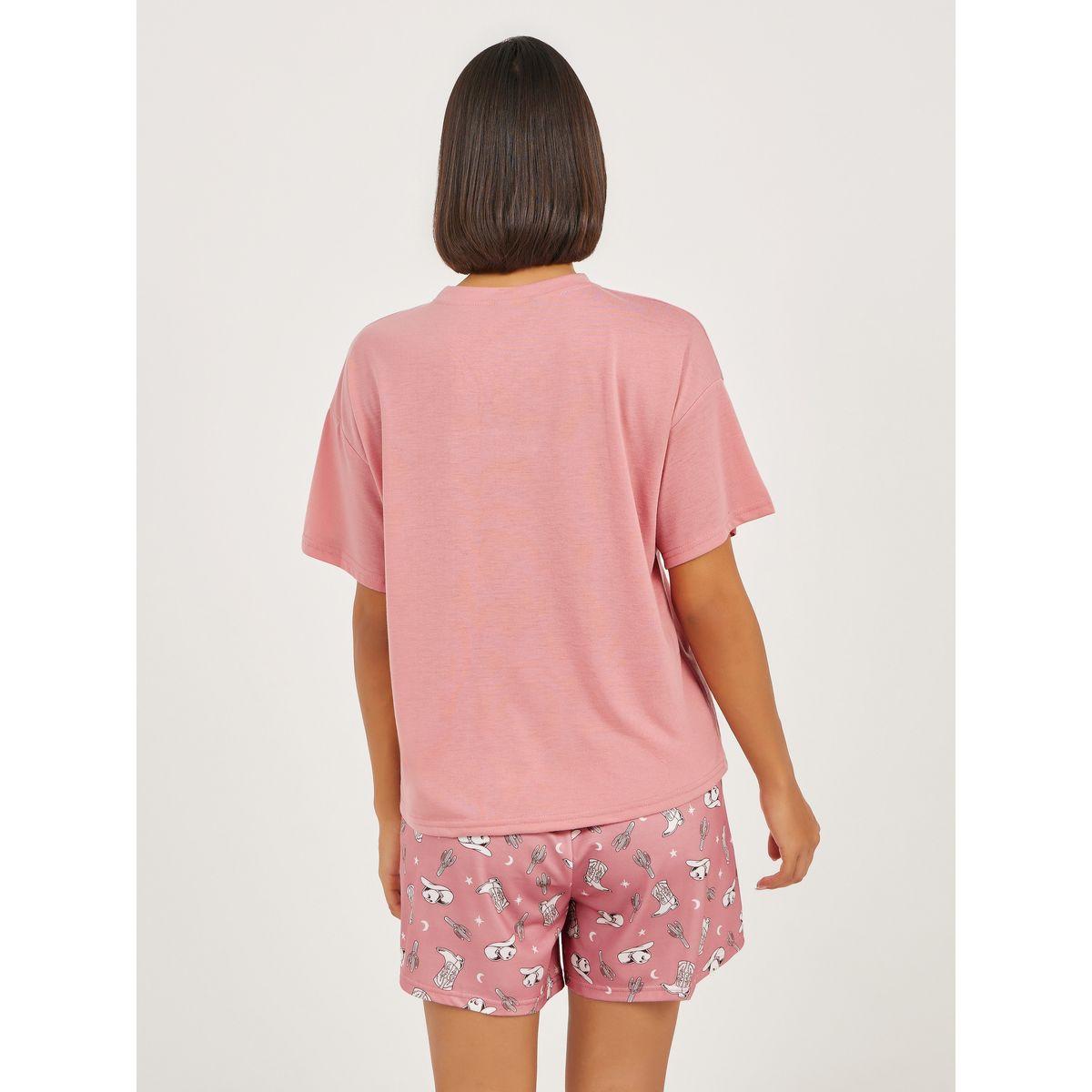 مجموعة من شورت وتيشيرت بطبعة كتابة ورسومات-women-clothing-nightwear-pyjamas-shortsets-image-6