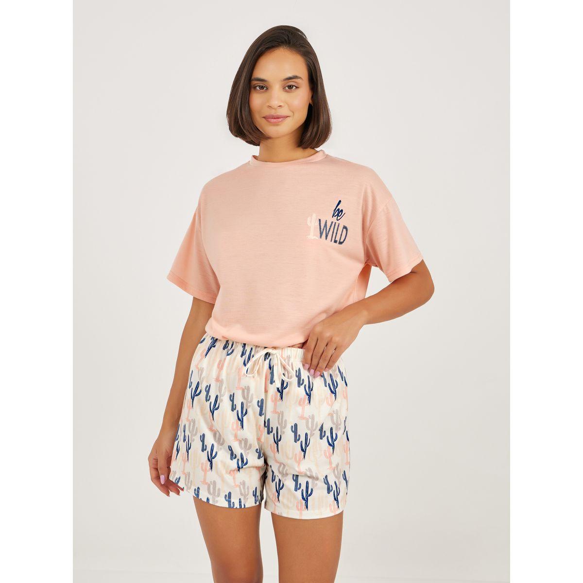 Styli Be Wild Graphic T-Shirt and Cactus Print Shorts Set-women-clothing-nightwear-pyjamas-shortsets-image-4