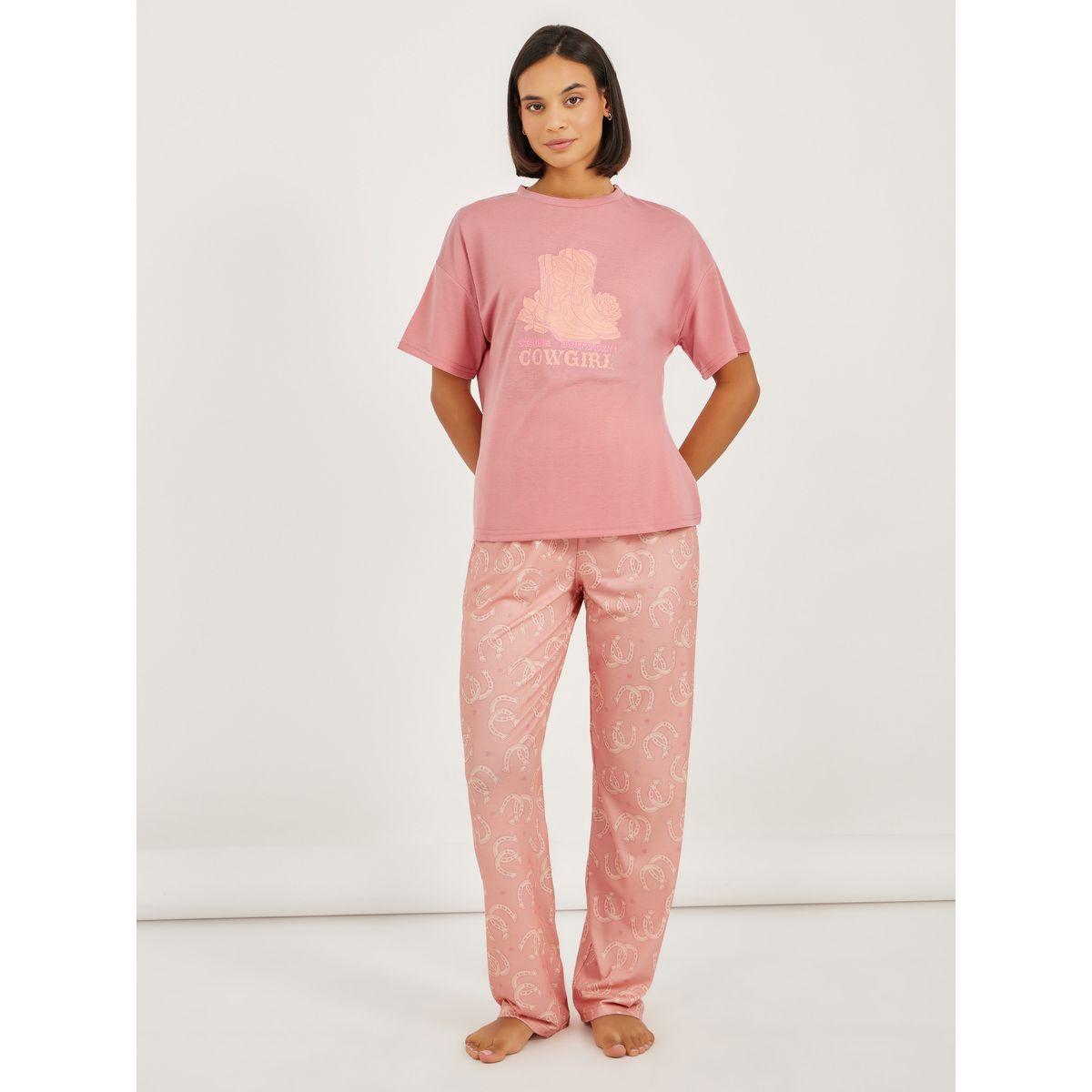 Styli Cow Girl Graphic Dropped Shoulder T-Shirt and Pyjama Set-women-clothing-nightwear-pyjamas-longsets-image-1